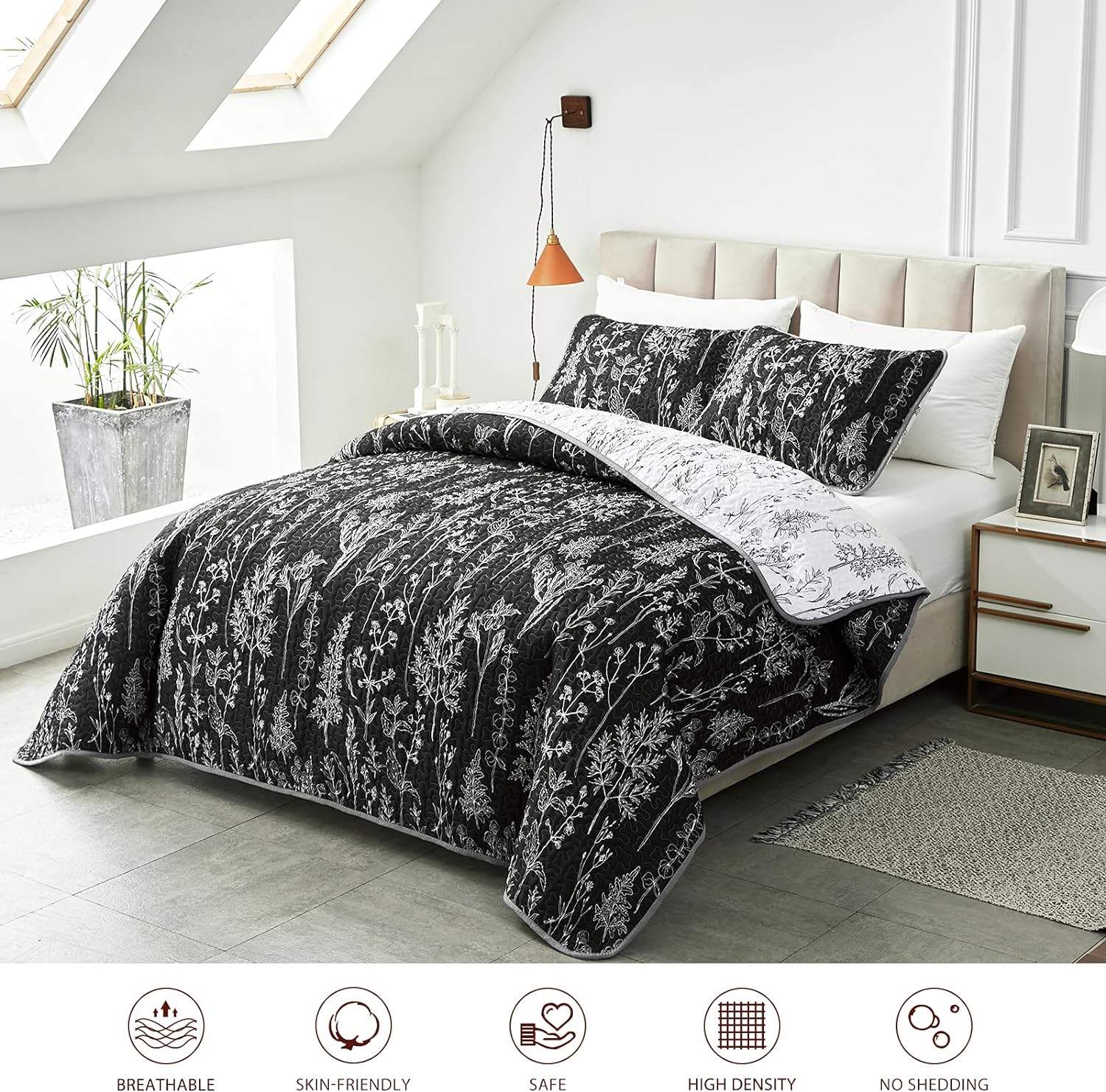 Joyreap 3 Piece Quilt Set Full Queen Black White Reversible
