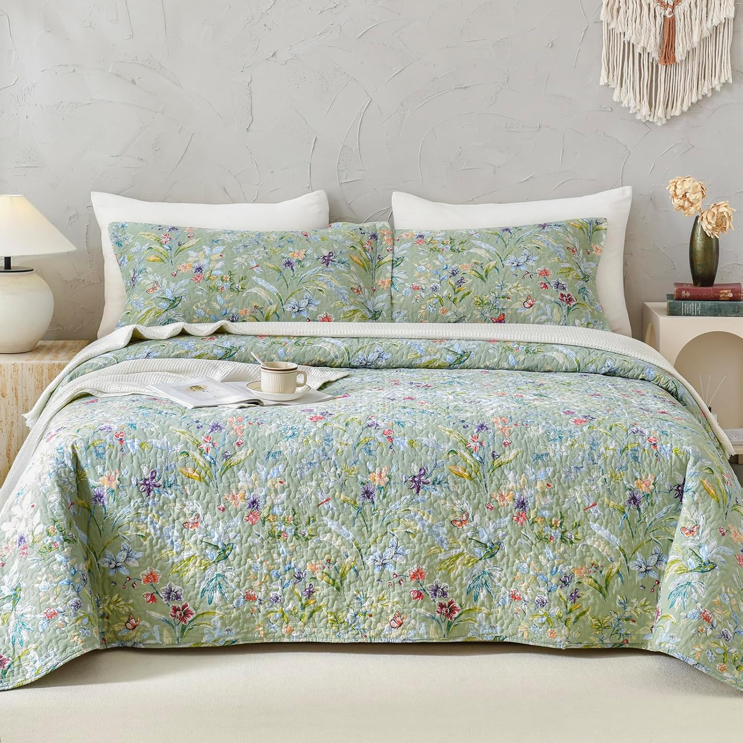 Lady Ann Green Floral 100 Cotton Queen Quilt Set