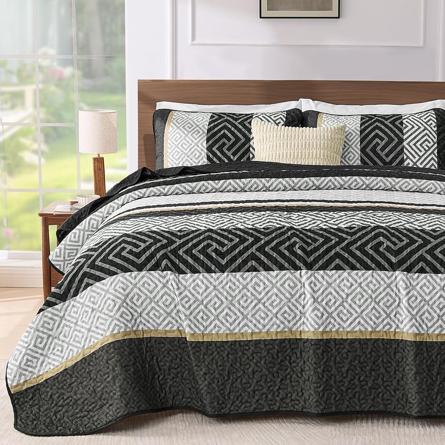 WONGS BEDDING King Size Quilt Set Black 3 Pieces 1