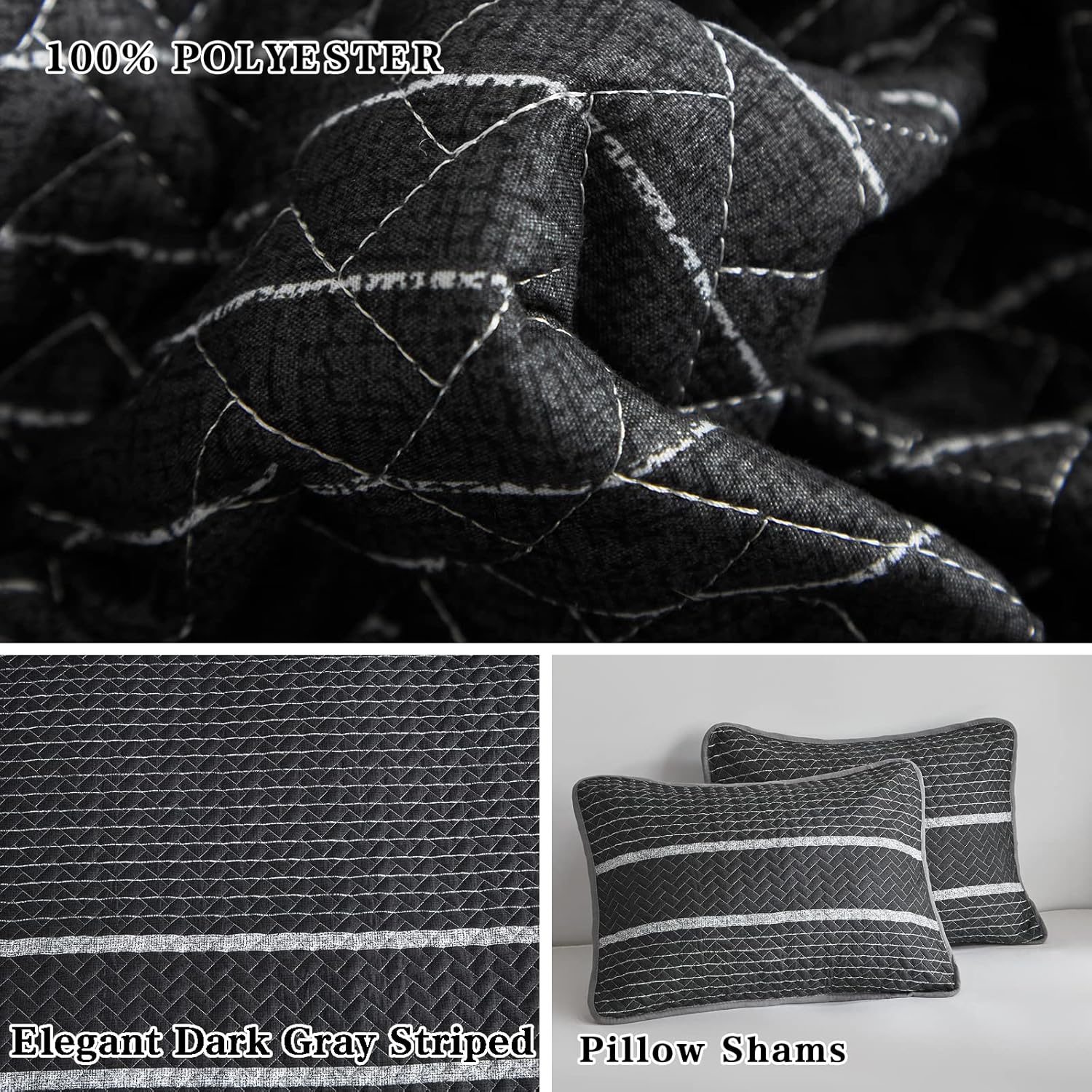 Flysheep Dark Grey Boho Quilt Set King Size 3 Pcs