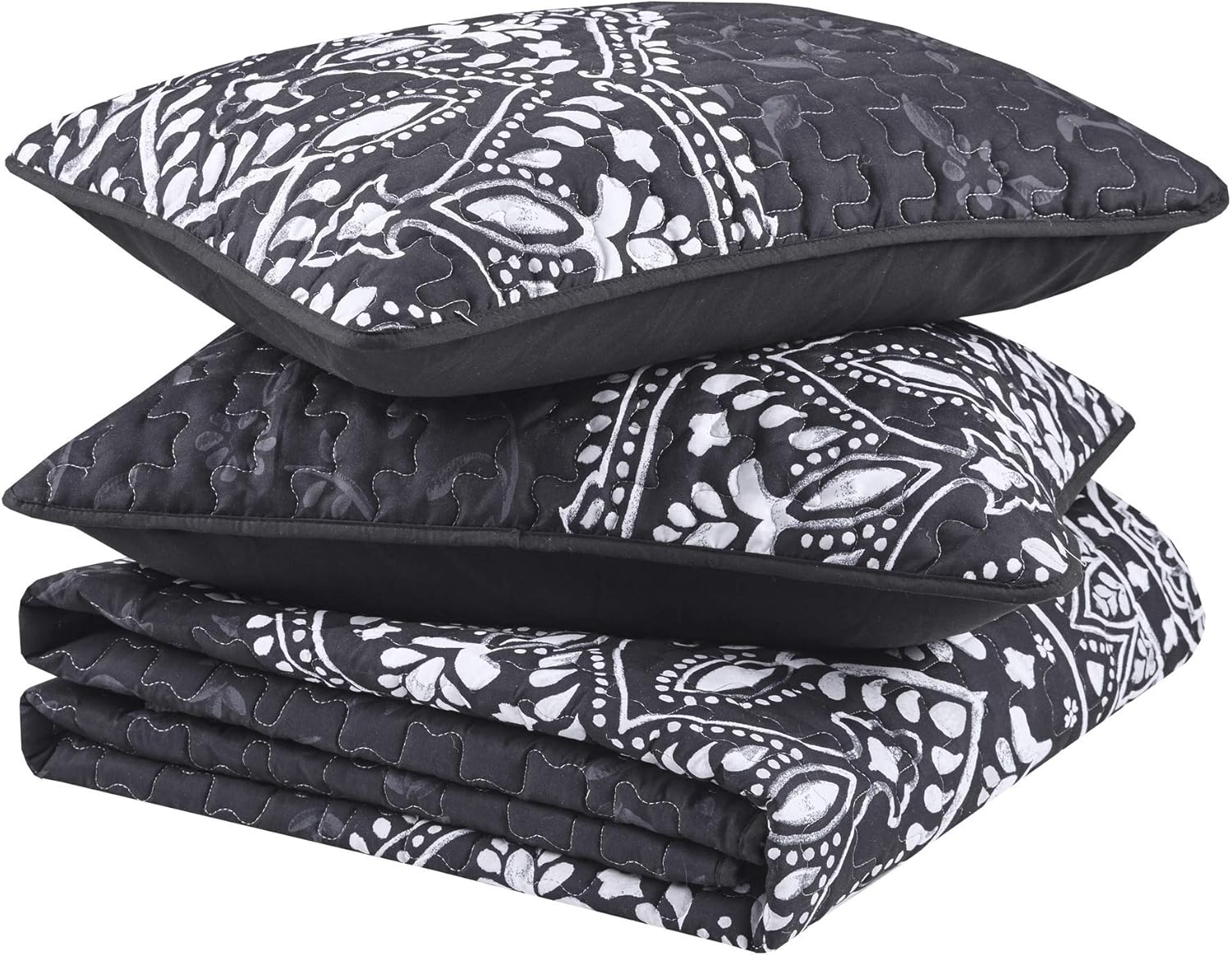 Comfort Spaces Reversible Quilt Set - Ava Medallion Black 3 Piece