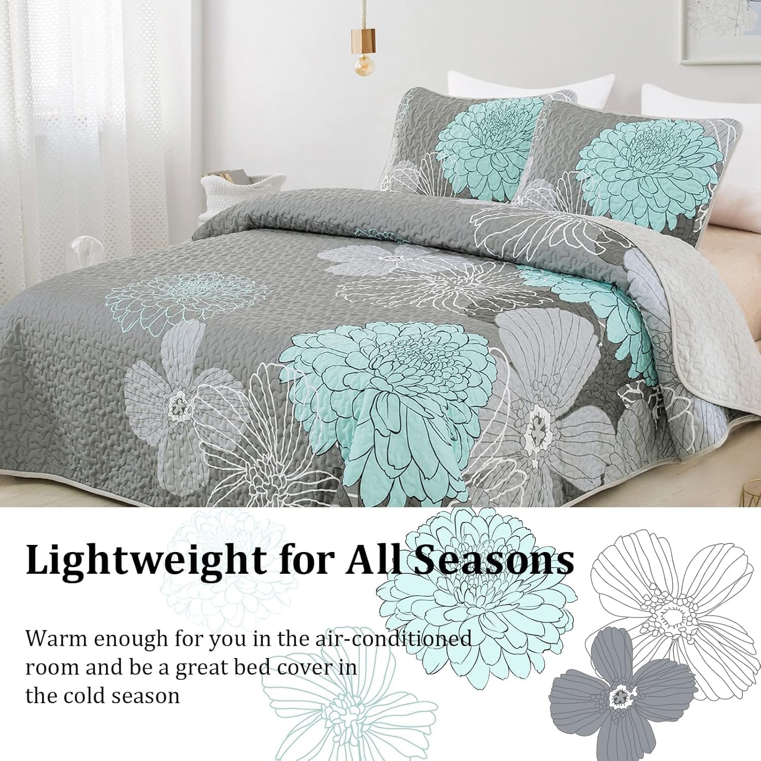 Anibedding Green Floral Twin Quilt Set with Pillowcases