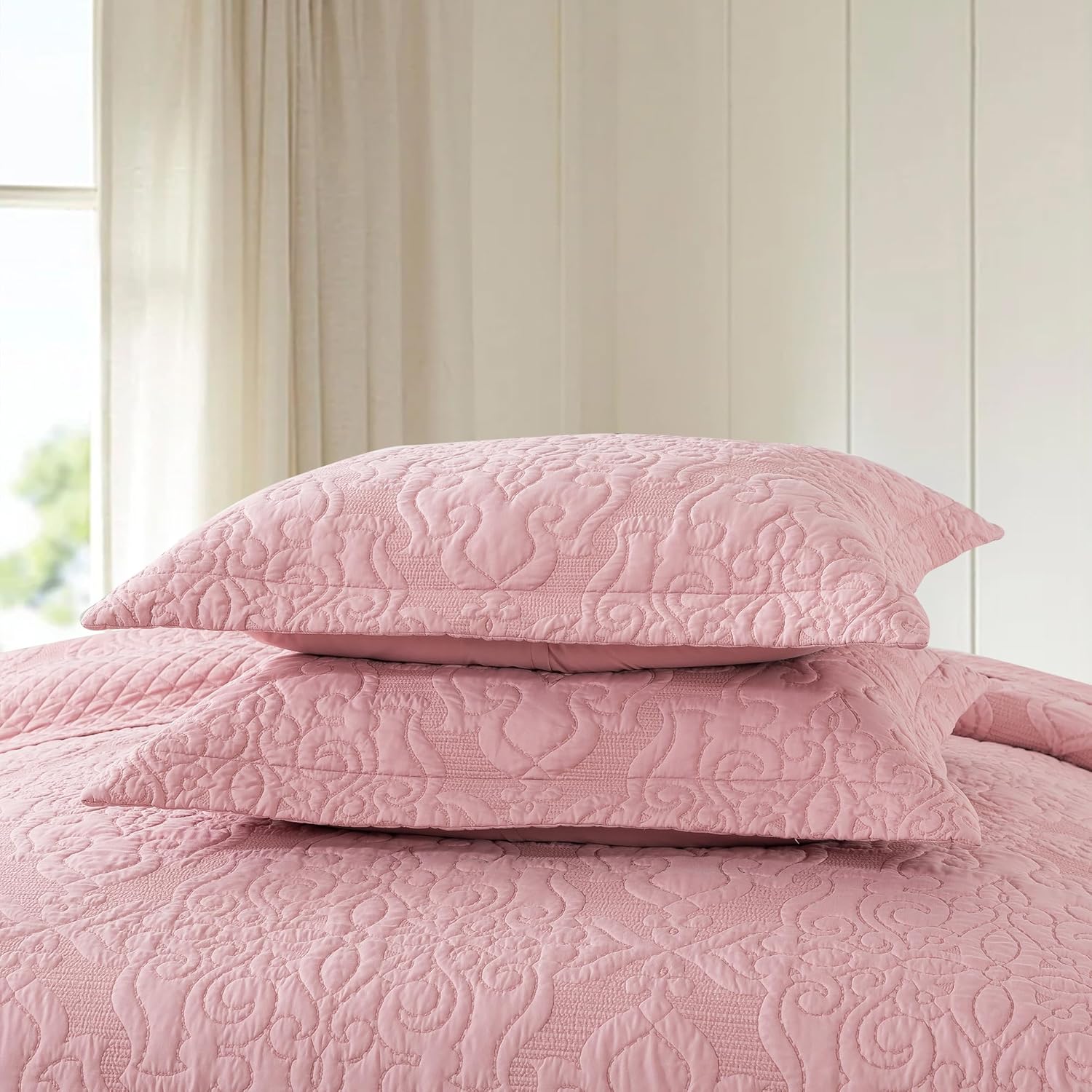NEWLAKE Quilt Bedspread Set - Pink Floral Reversible Microfiber King Size