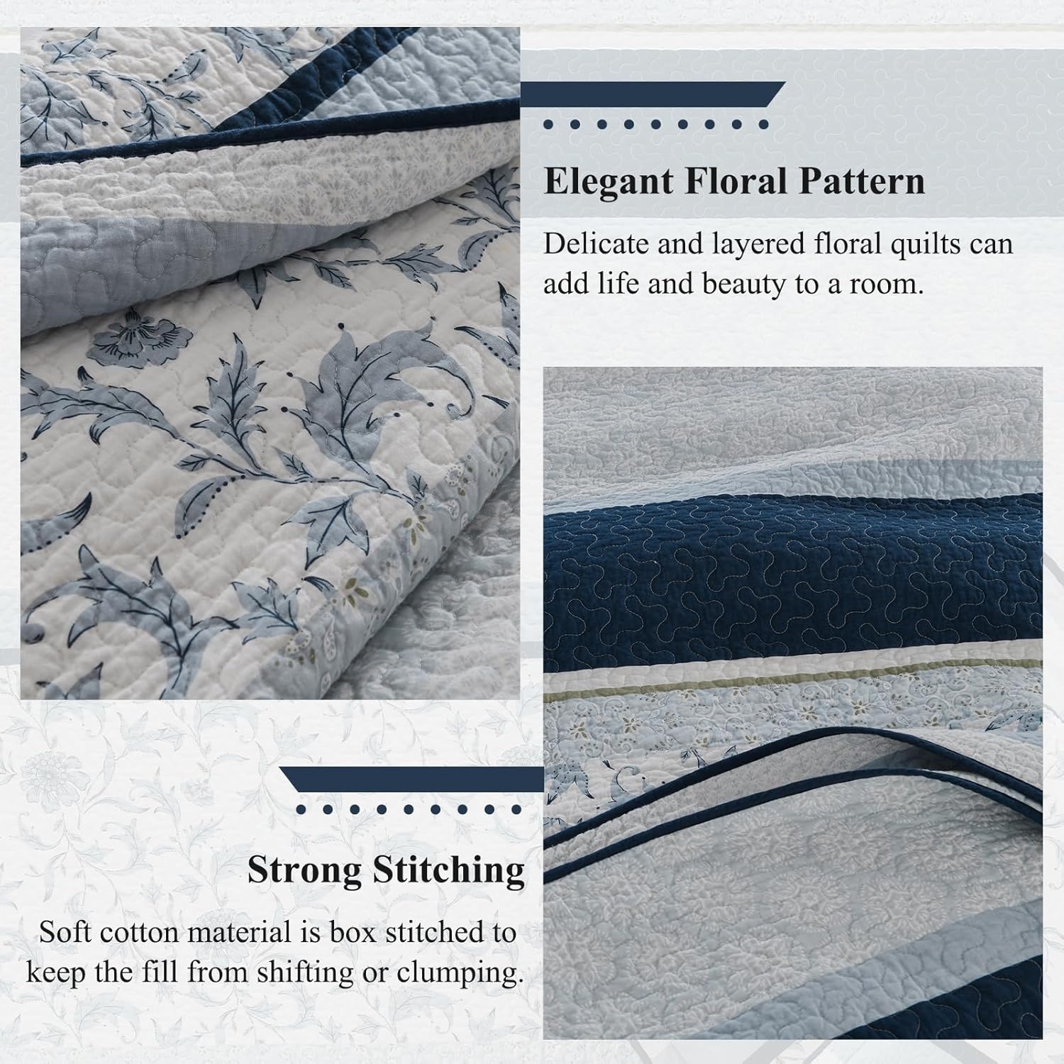 SOElinens Queen Size Quilt Set Navy Blue Floral