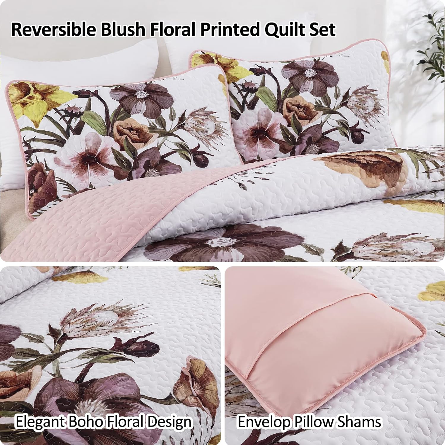 Drucon Floral Quilt Set Queen 3 Pieces