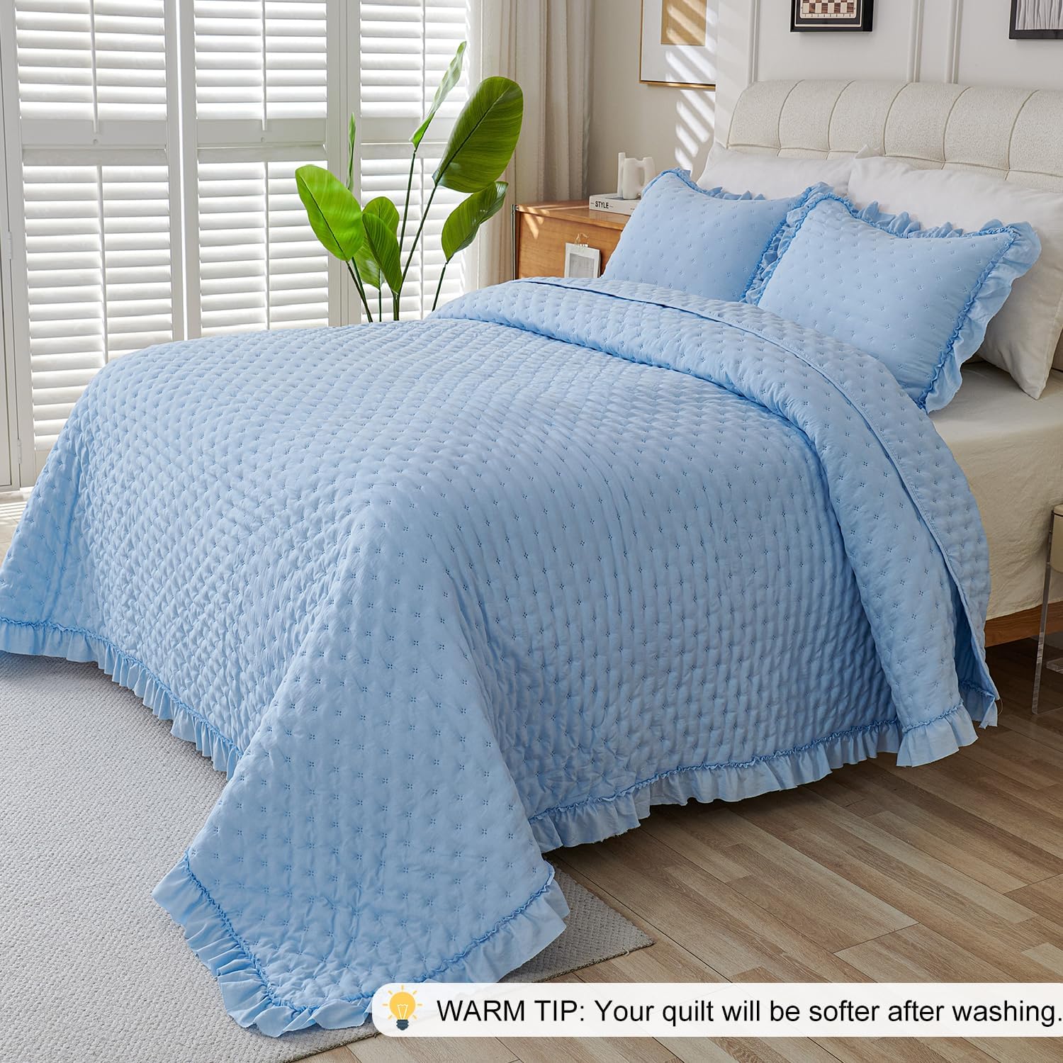 Cmfshape Bedding Set 3 Pieces Ultrasonic Quilt with Ruffled Edges
