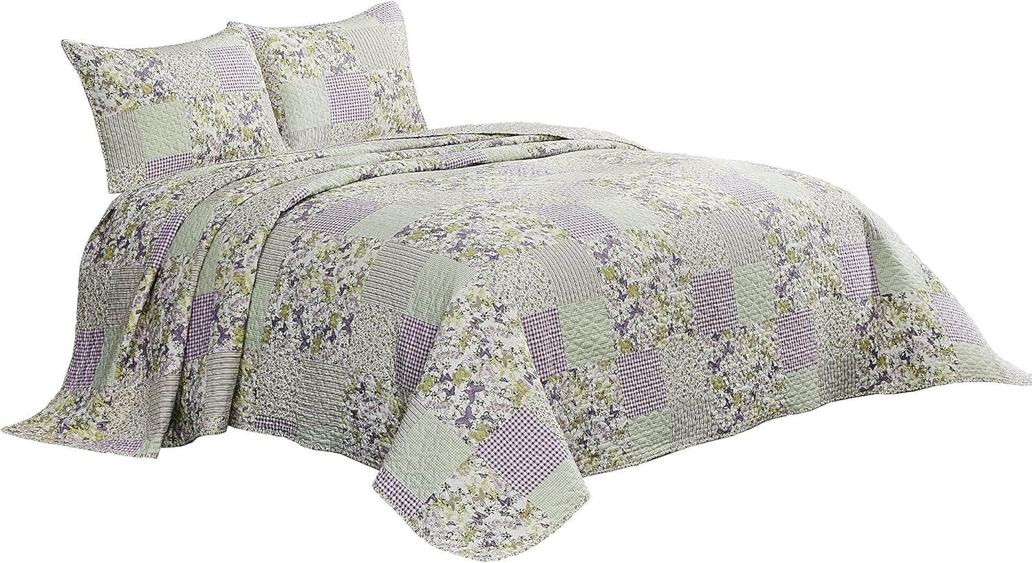 Chezmoi Collection Daisy 3-Piece Quilt Set - Purple Butterfly Botanical Design