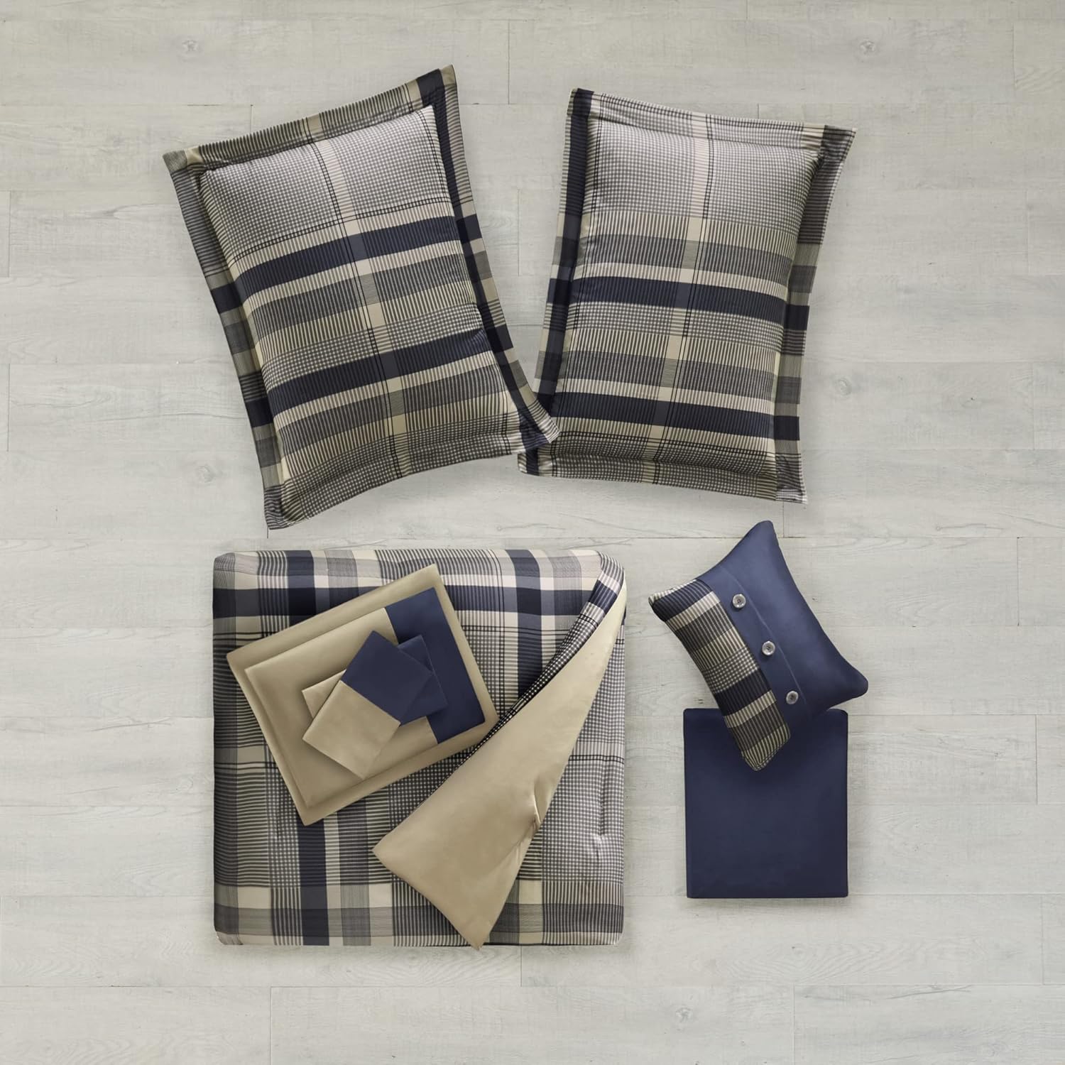 Intelligent Design Robbie Cozy Comforter Set 7 Piece Twin XL Navy Tan