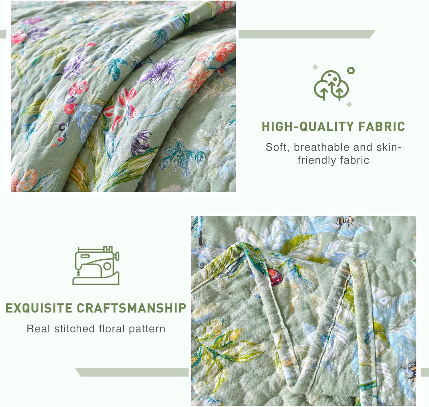 Lady Ann Green Floral 100 Cotton Queen Quilt Set