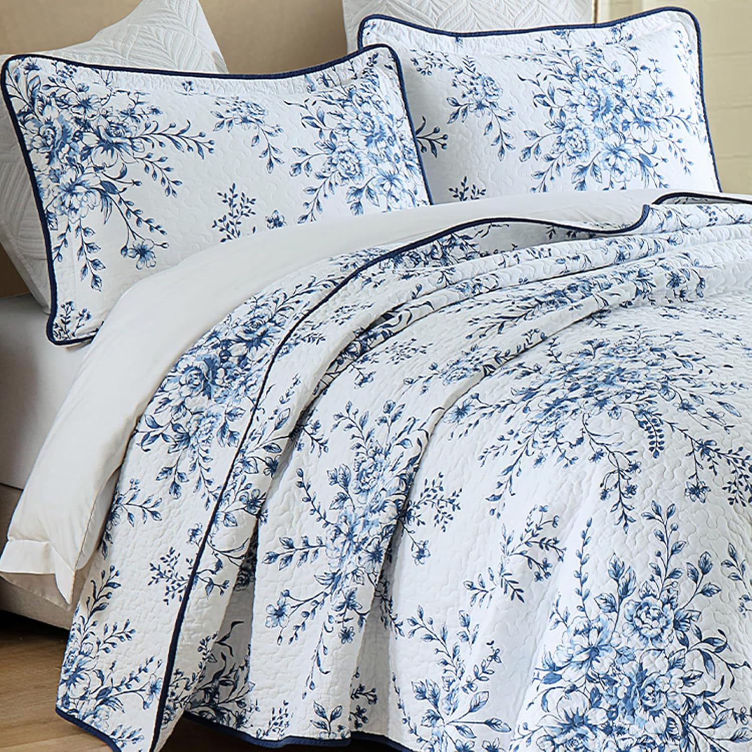 SahSahCasa 100 Cotton King Quilt Set Navy BlueWhite