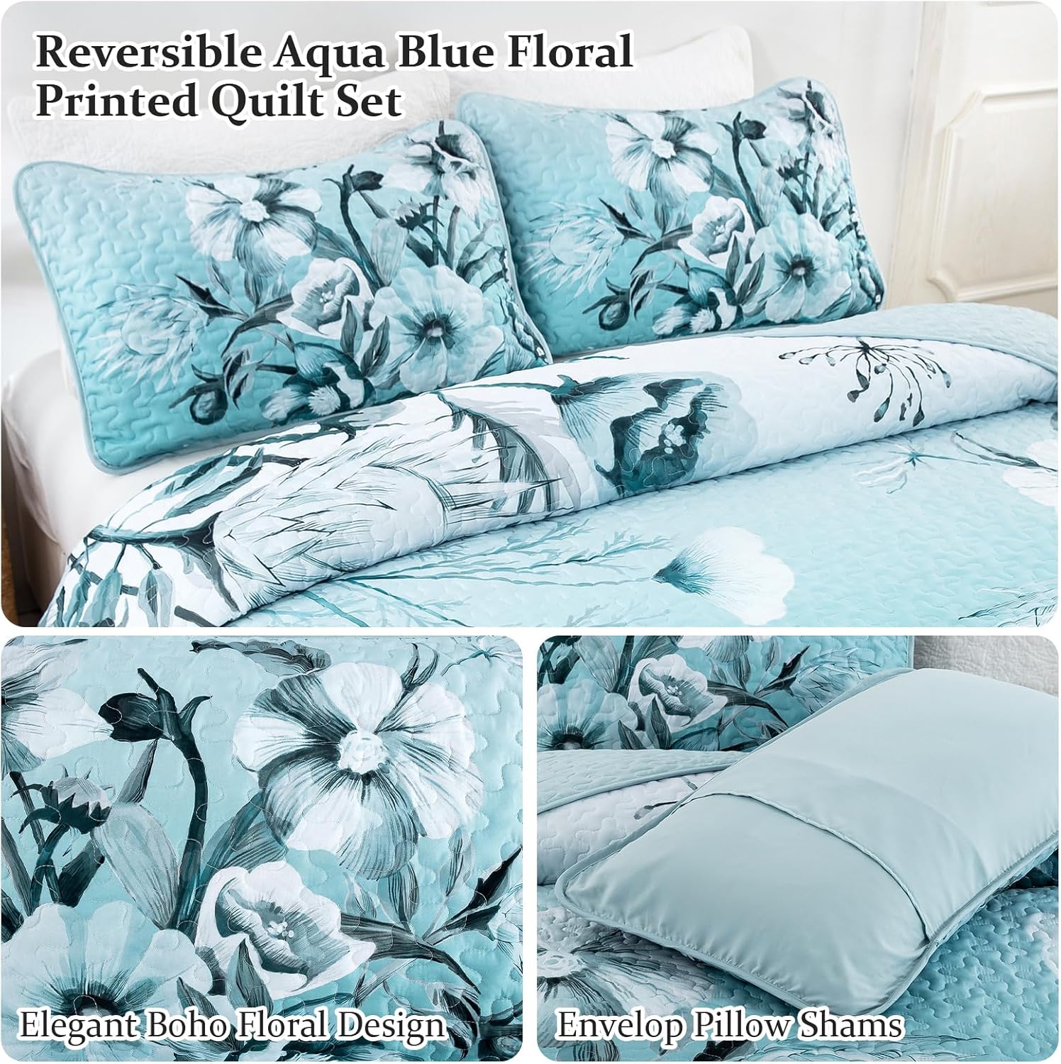 Drucon Blue Floral Quilt Set 3 Piece King Size