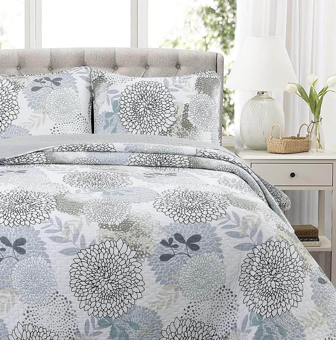 Cozy Line Nina Trista Flowers Aqua Blue Reversible Quilt Bedding Set