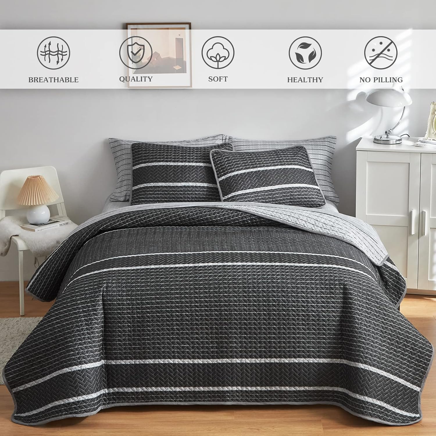 Flysheep Dark Grey Boho Quilt Set King Size 3 Pcs