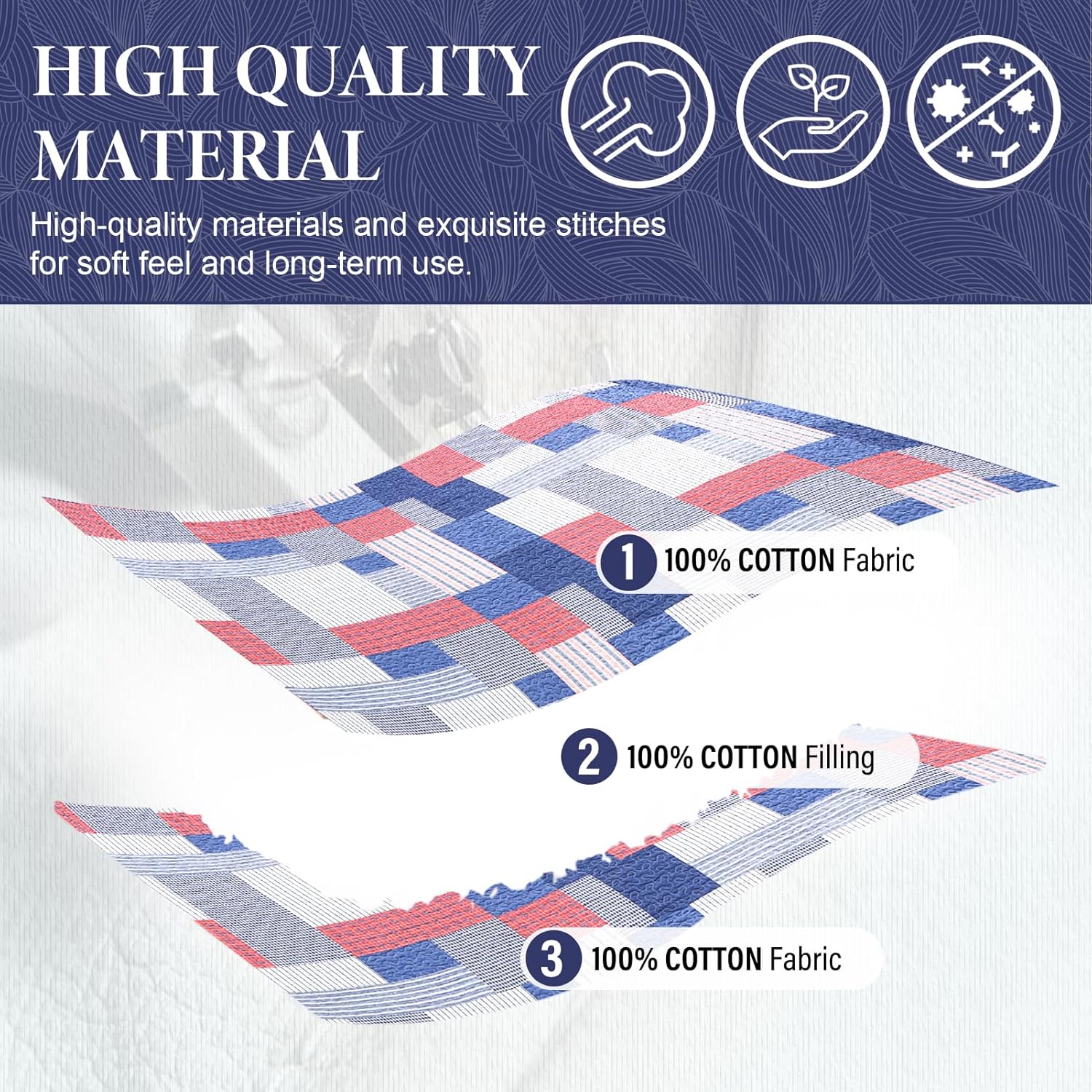 SahSahCasa King Quilt Set 3Pcs Blue Red White 1