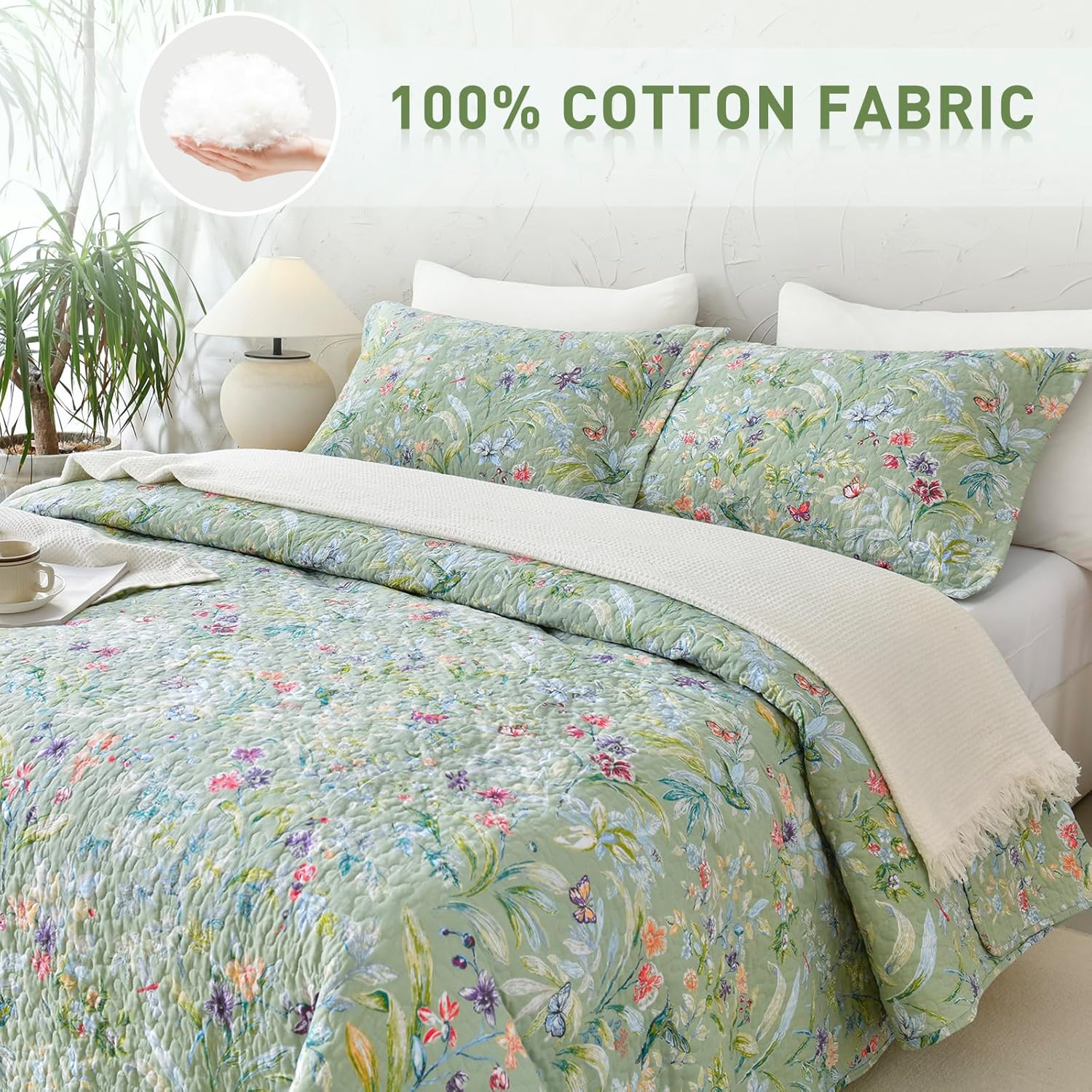 Lady Ann Green Floral 100 Cotton Queen Quilt Set