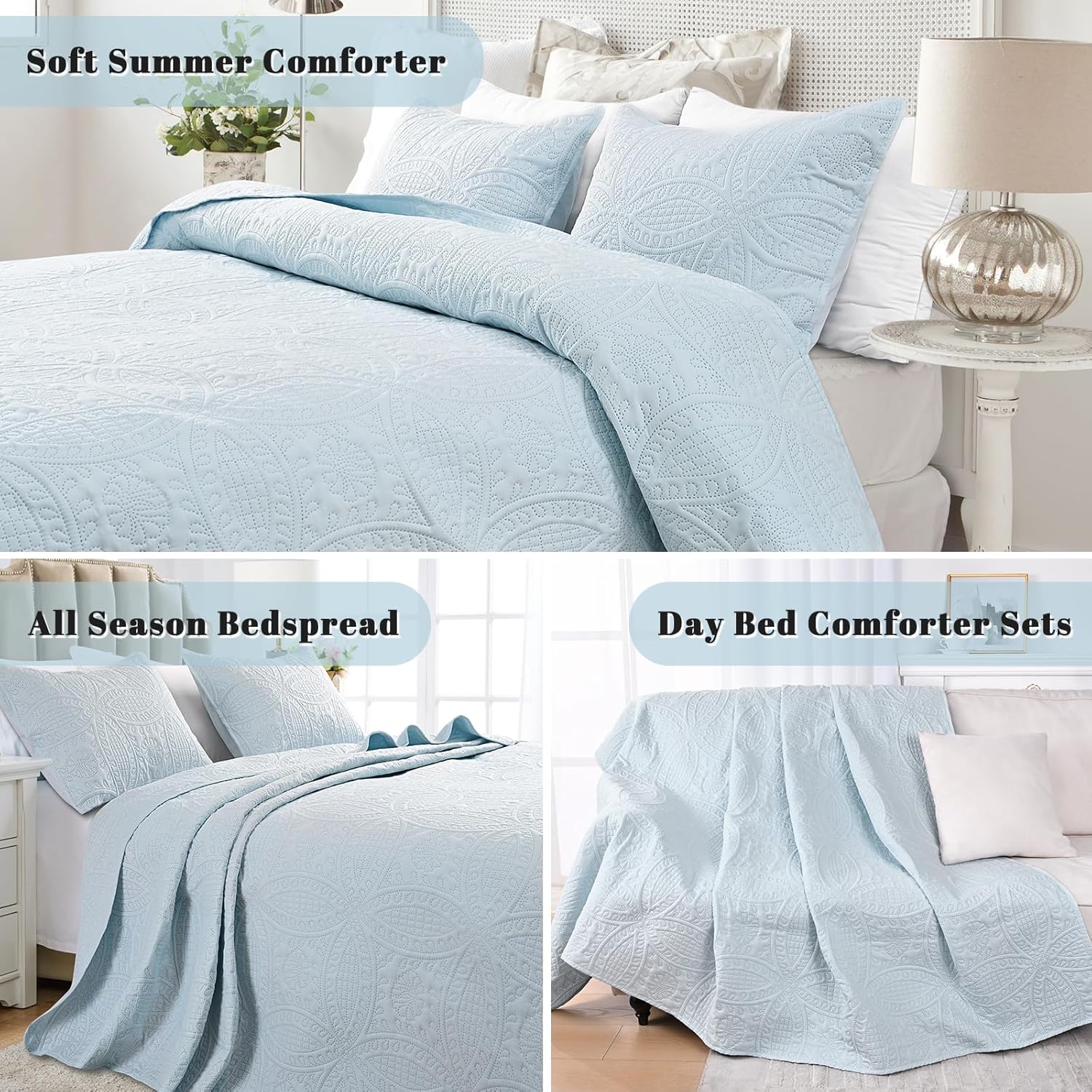Siyaluens Light Blue Queen Quilt Set with 2 Pillow Shams