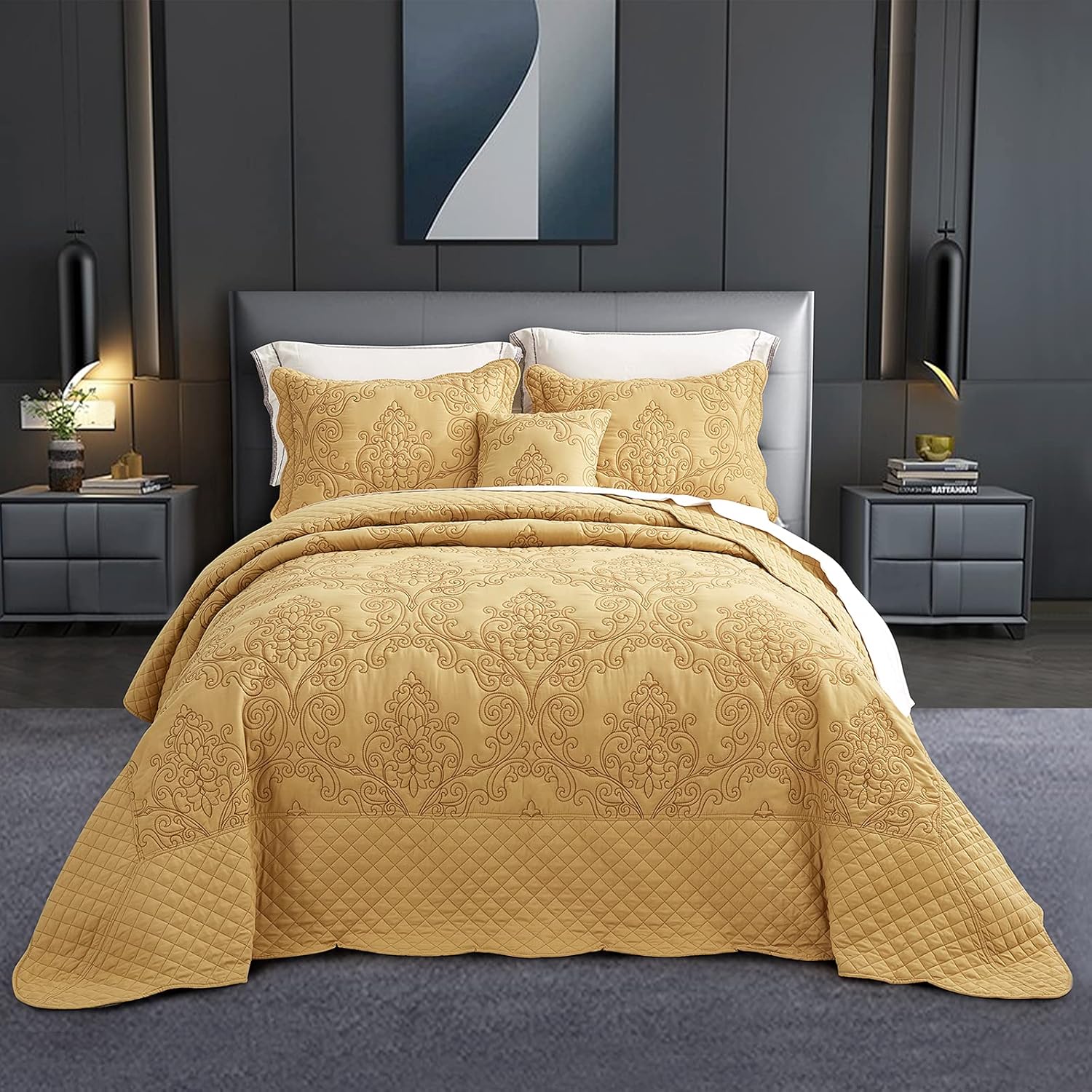 CHIXIN Oversized King Bedspread Coverlet Set - Honey-Gold Damask Paisley Pattern