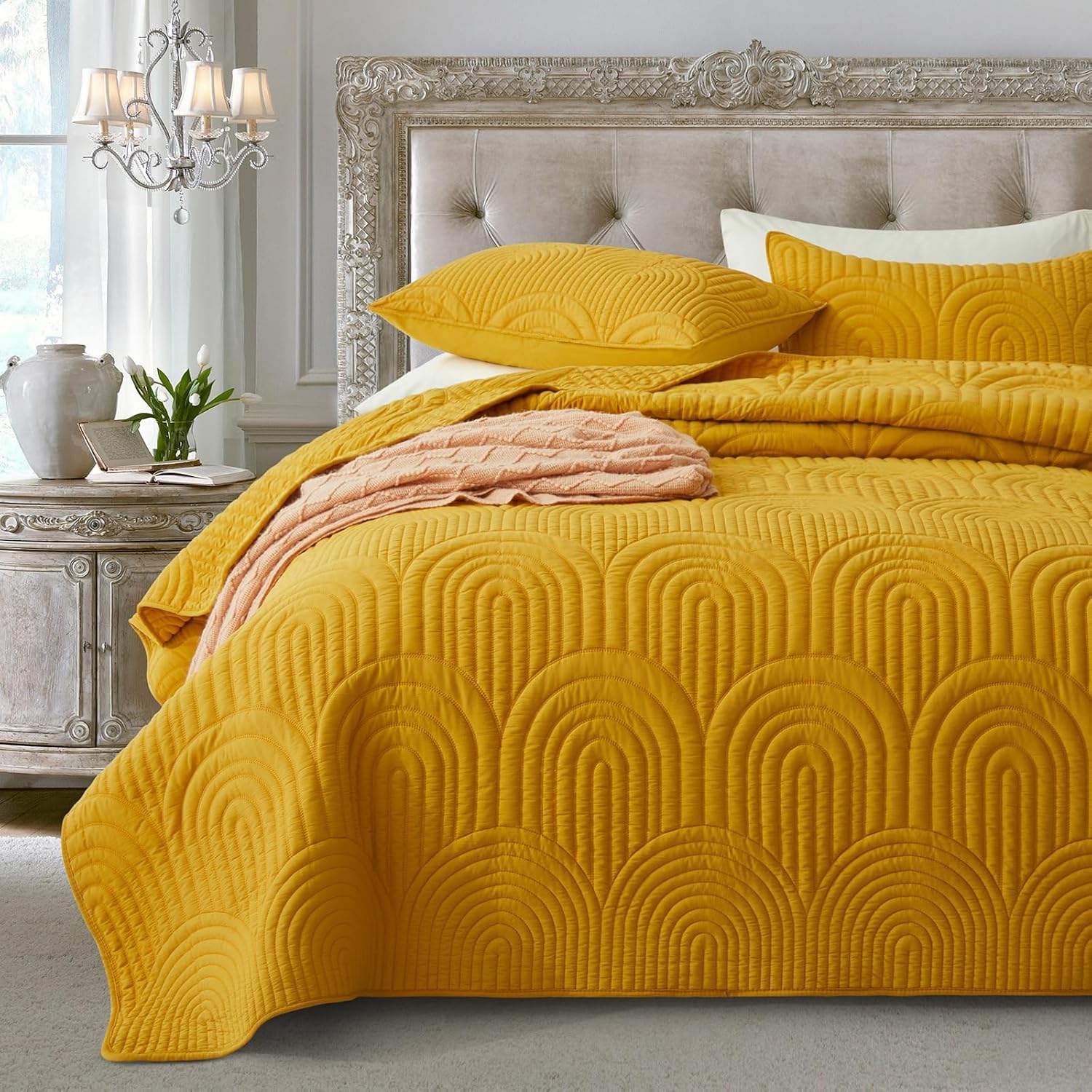 Safonory Mustard Yellow Quilt Set Twin Size