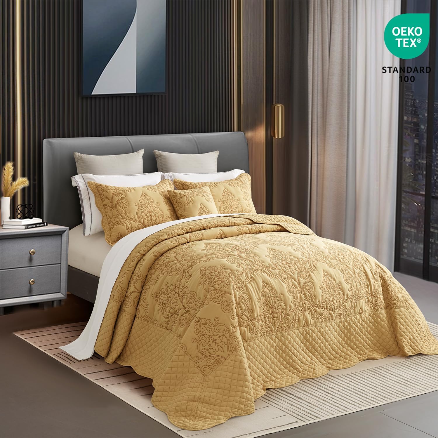 CHIXIN Oversized King Bedspread Coverlet Set - Honey-Gold Damask Paisley Pattern