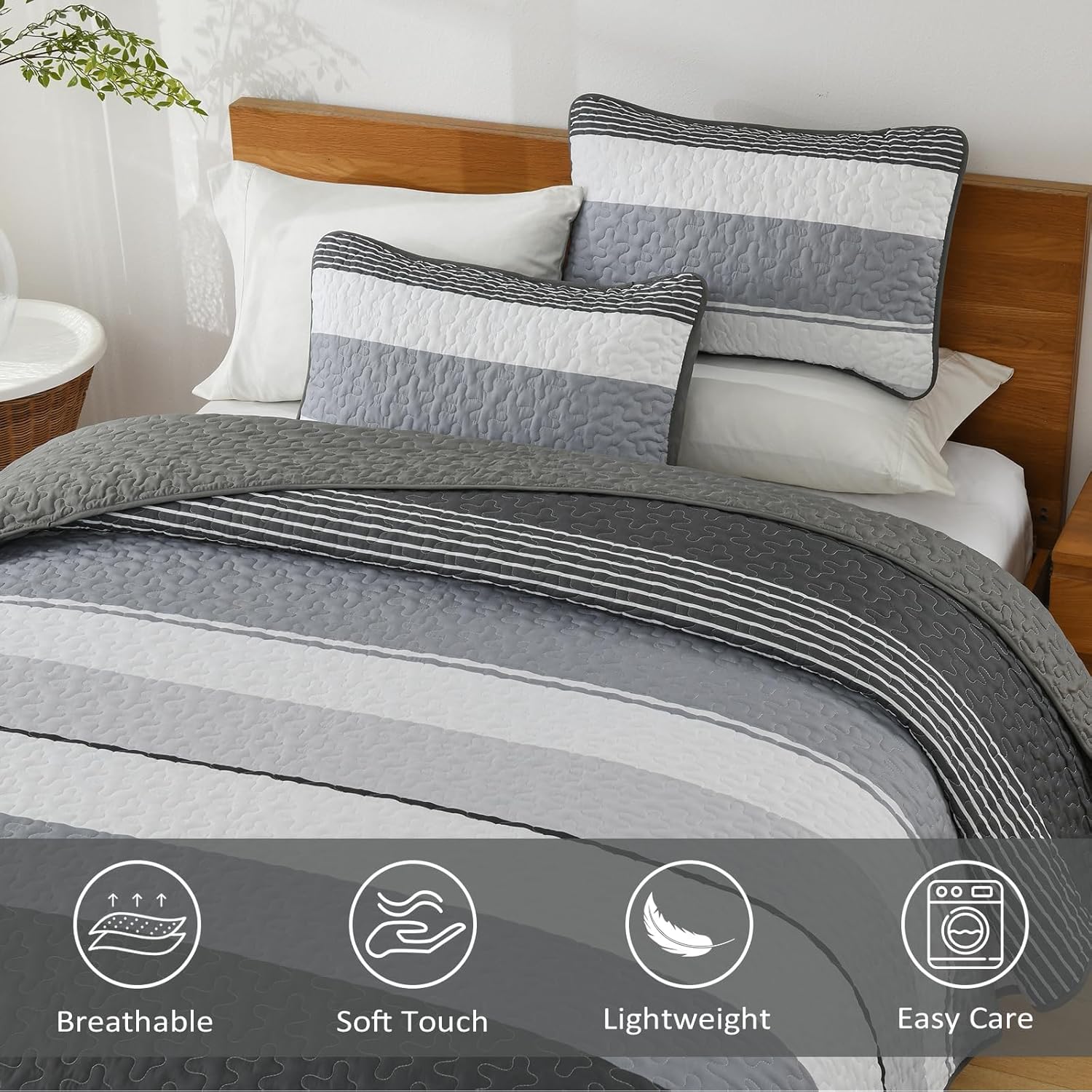 Dinjoy Boho Quilt Set Queen - Black White with Grey Striped
