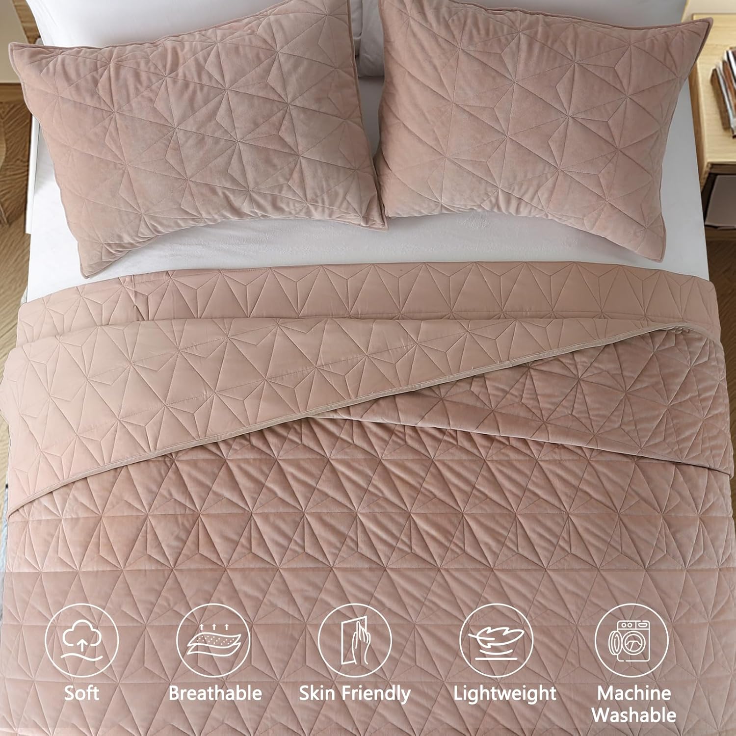 KASENTEX Velvet Quilt Set 102x106 Pink Brown
