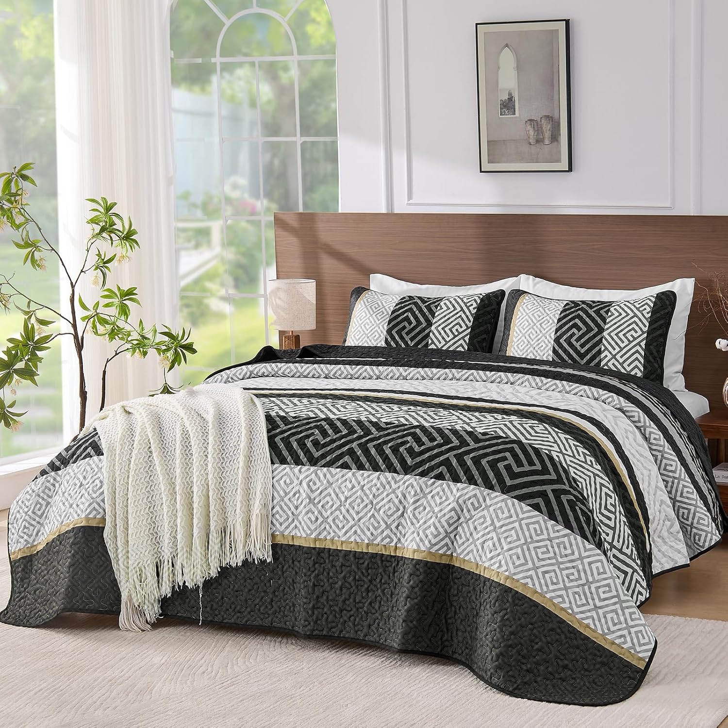 WONGS BEDDING King Size Quilt Set Black 3 Pieces 1