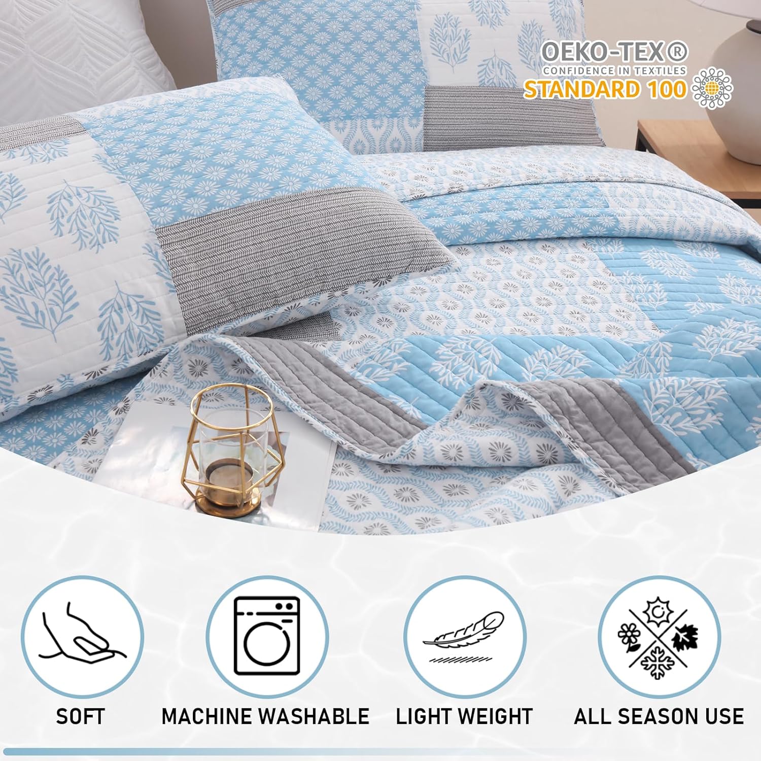 KALOOLA Light Blue Quilts Queen Size Set