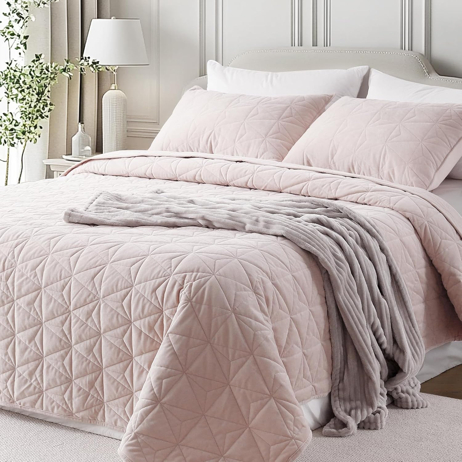Luxury Velvet Oversized California King Quilt Set Rose Pink