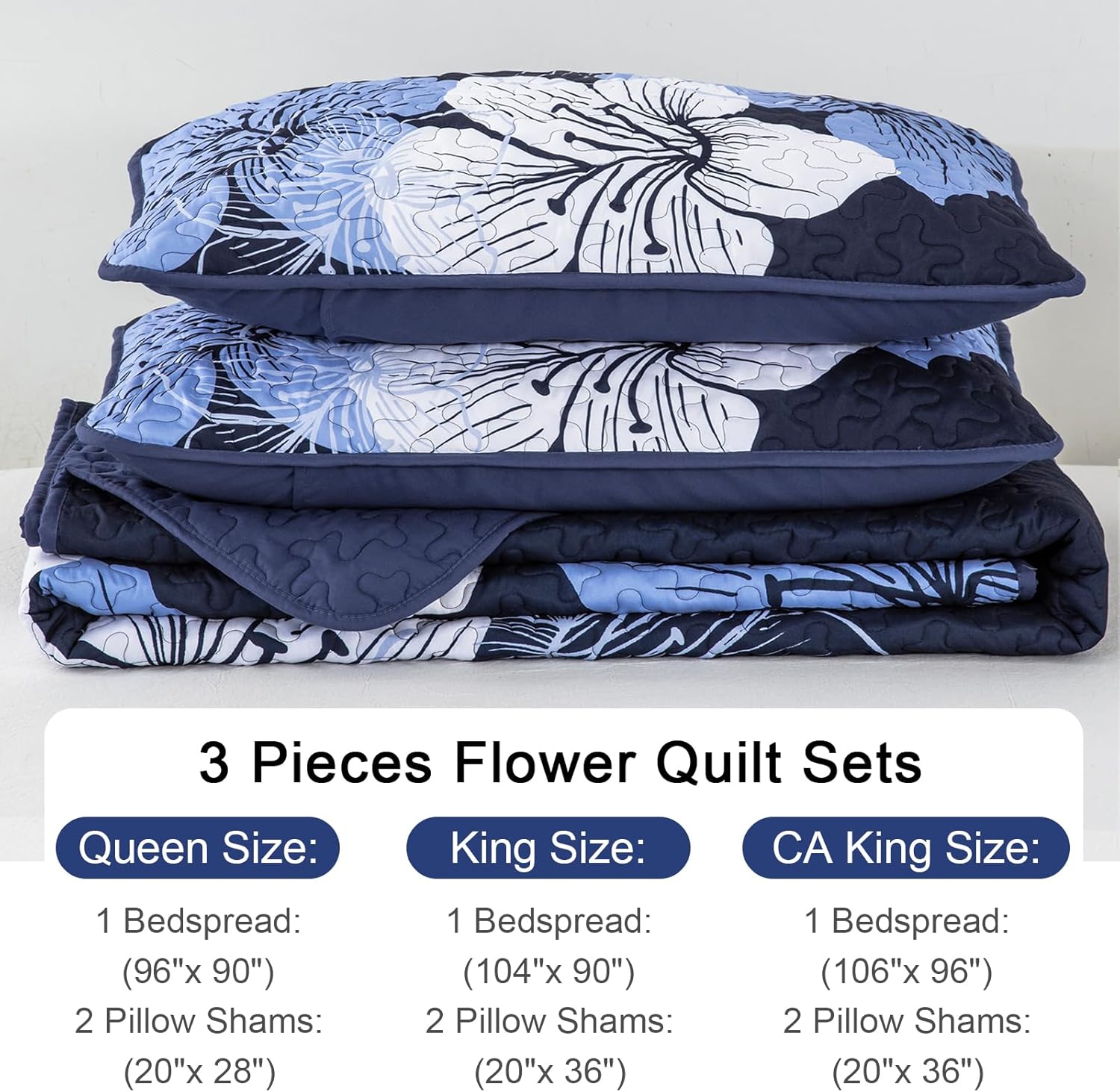 DJY 3 Piece Quilt Set California King Navy Blue Floral Pattern