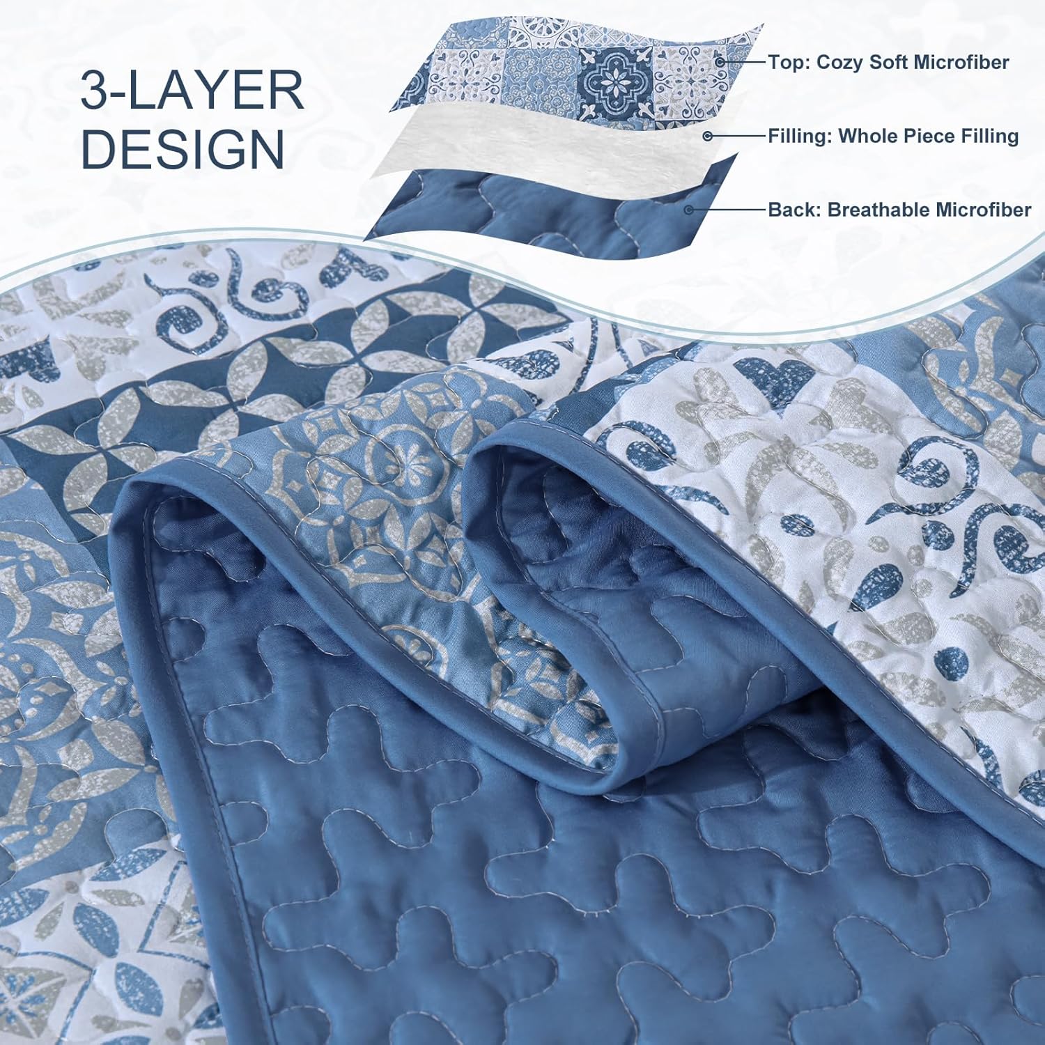 Dobuyly Blue Quilt Set King Size 3 Piece
