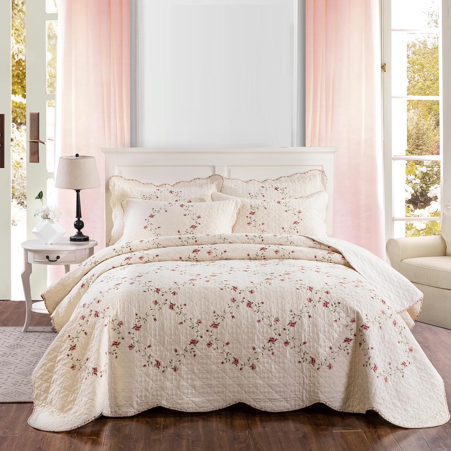 EAVD Floral Embroidered Quilt Set King Size 3 Pieces 1