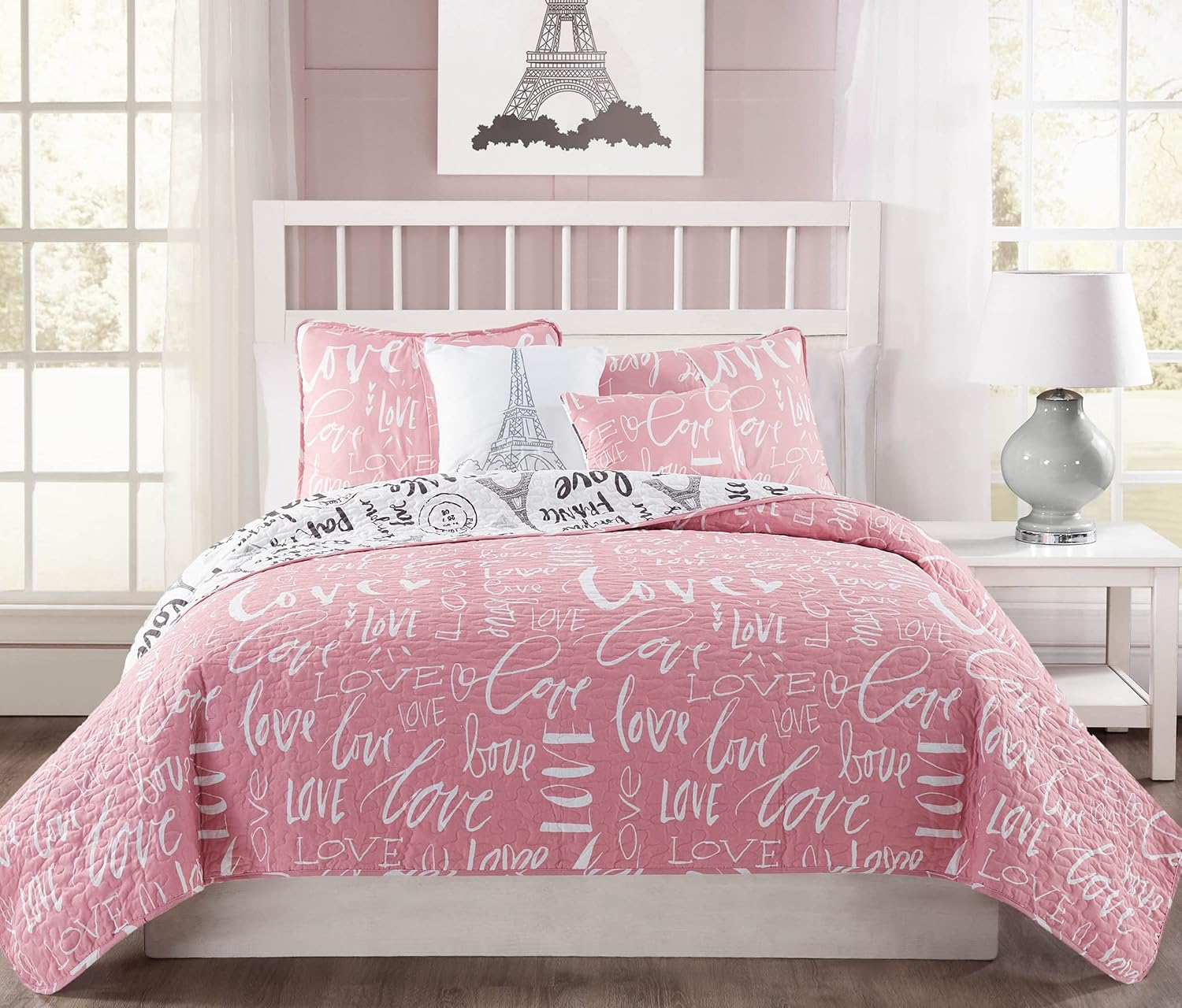 5-Piece Quilt Set King Bonjour Paris PinkWhiteBlack