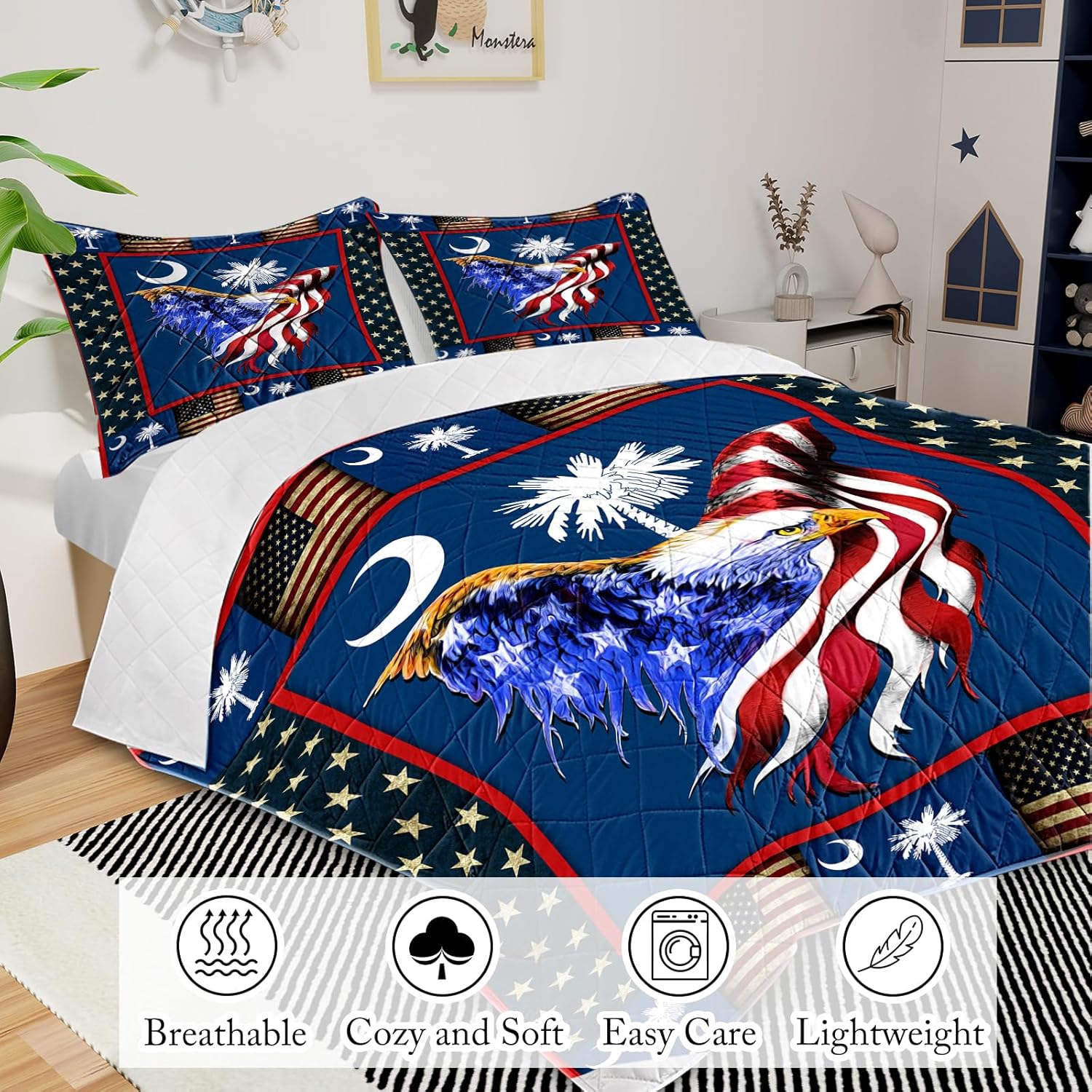 3 Piece Eagle Flag Quilt Set with Moon Tree Design 1