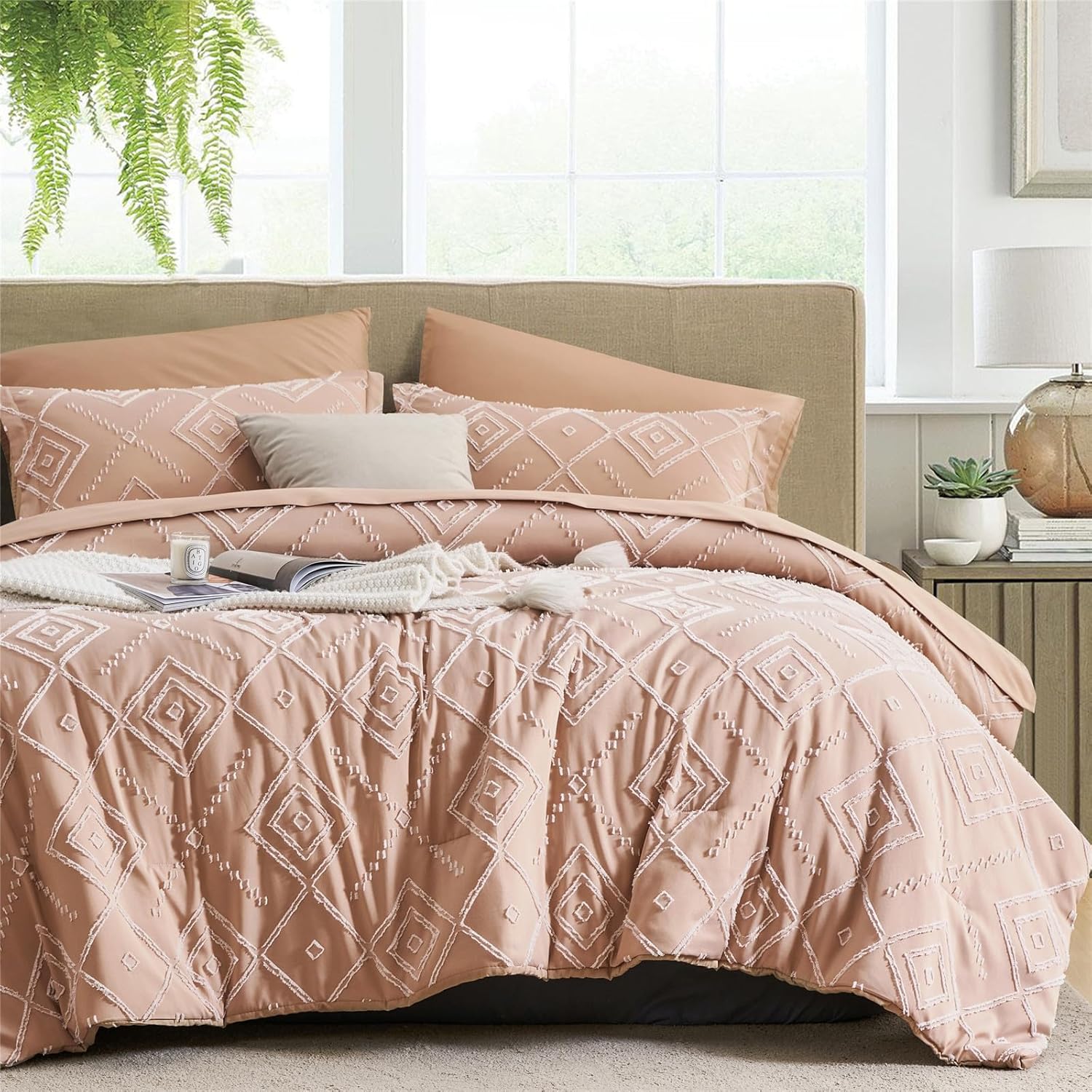 KAKKI Blush Pink Tufted Queen Comforter Set 7 Piece