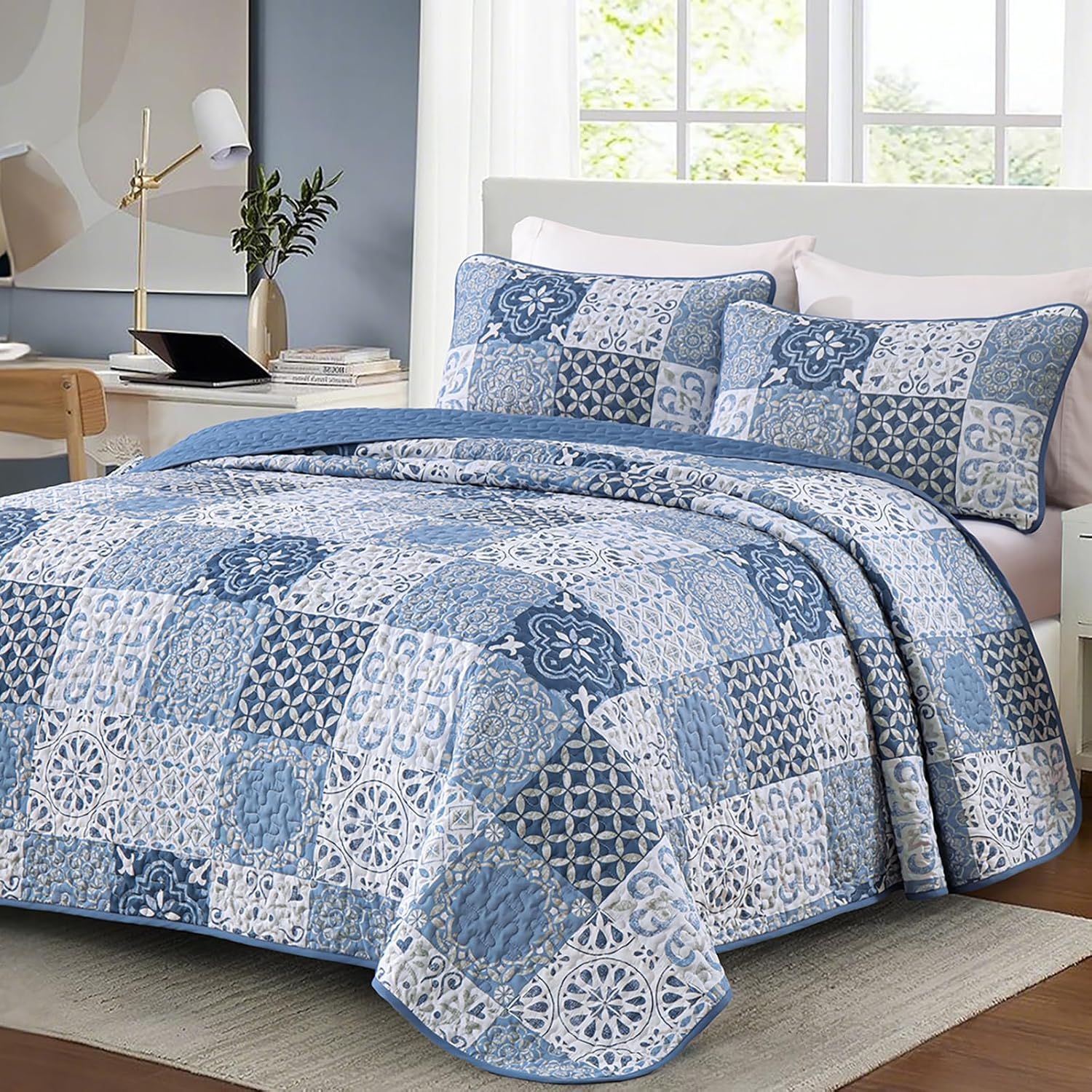 Dobuyly Blue Quilt Set King Size 3 Piece