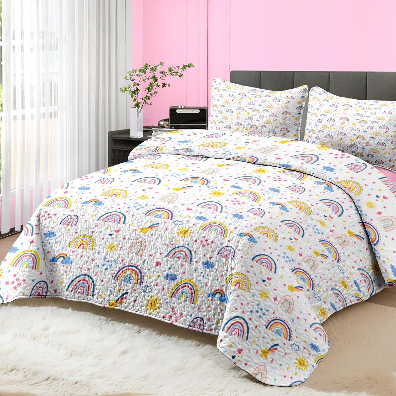 Pamnest Quilt Set Twin Size Rainbow Cartoon 2 Pcs