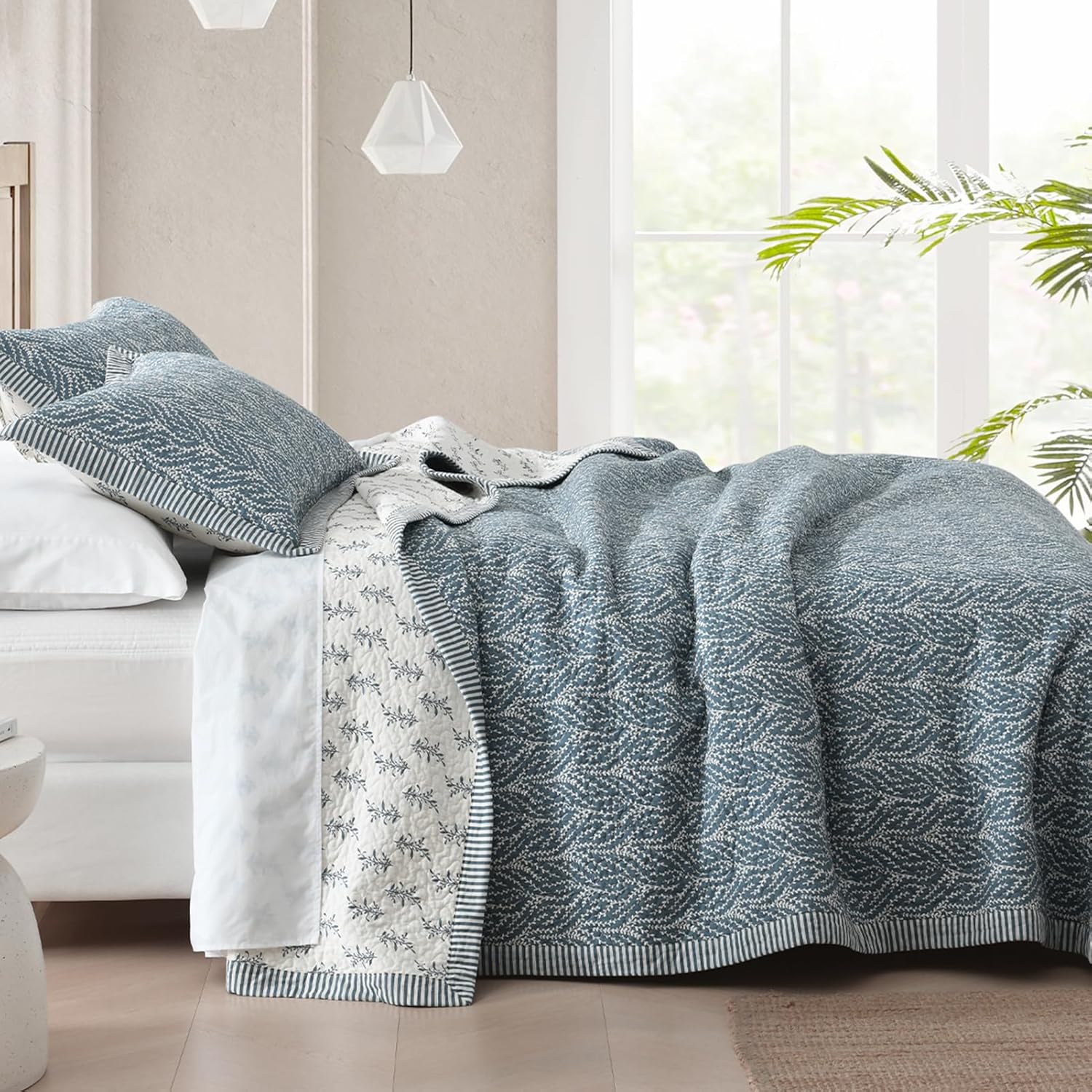 Finlonte Queen Size Cotton Quilt Set - 3 Pcs Grayish BlueWhite