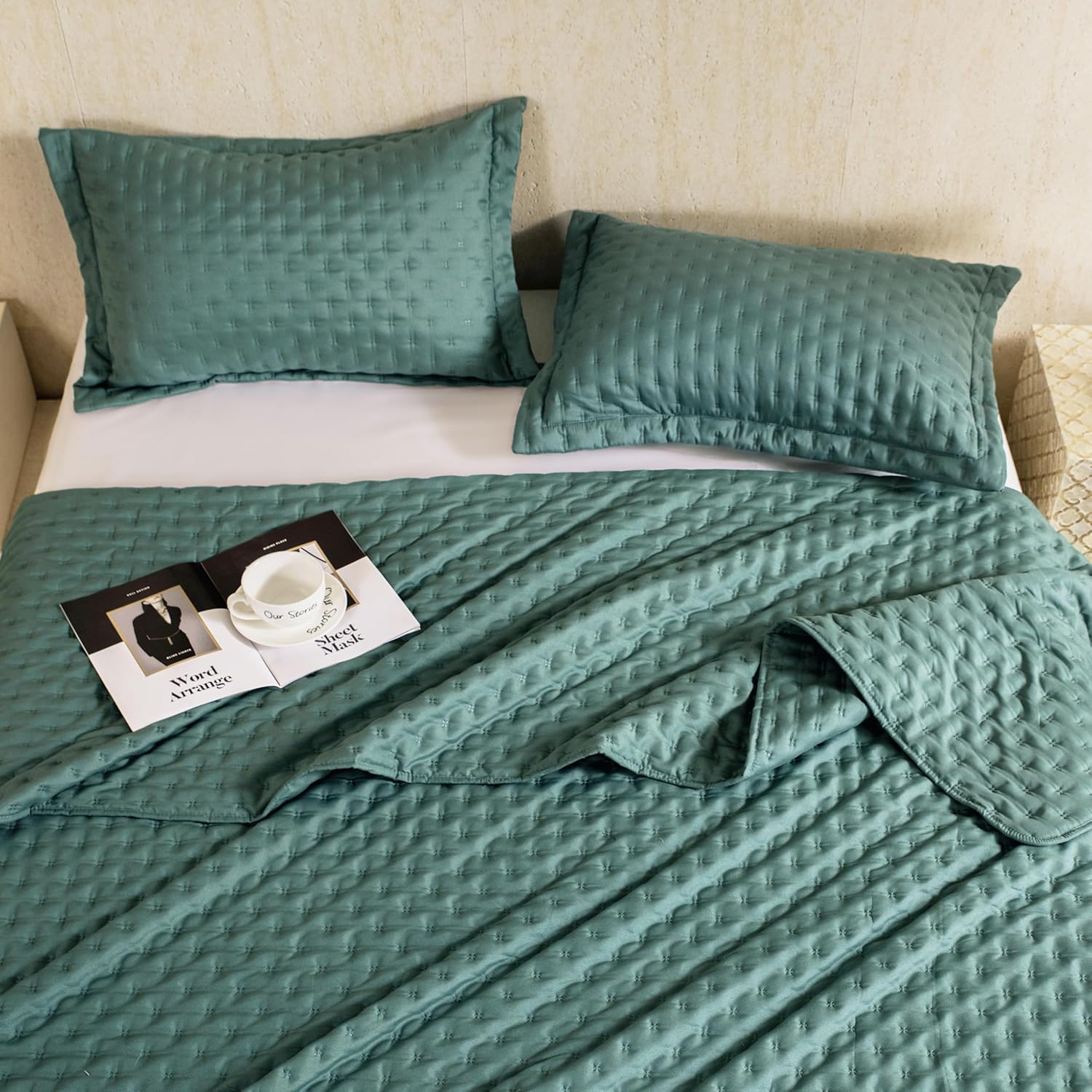 DOWNCOOL Green Twin Quilt Set with Pillow Sham 1