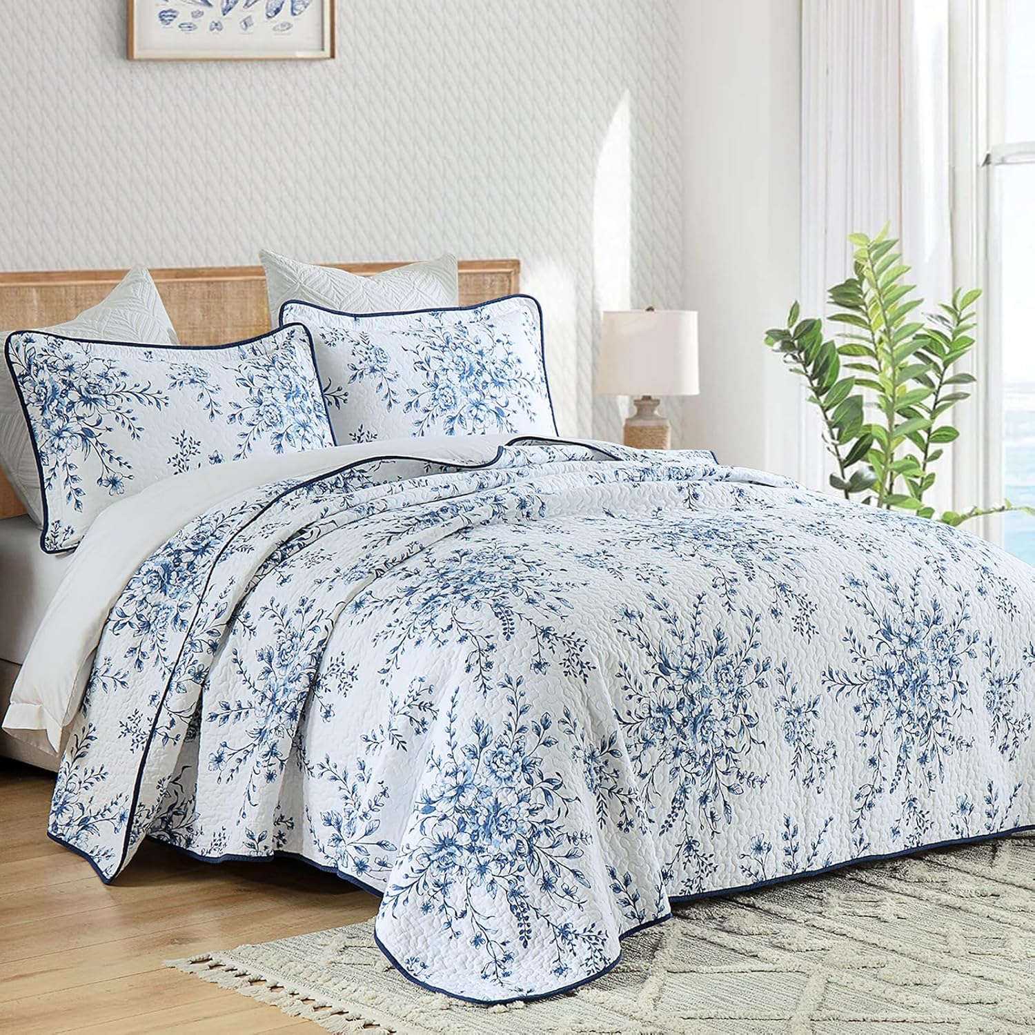 SahSahCasa 100 Cotton King Quilt Set Navy BlueWhite