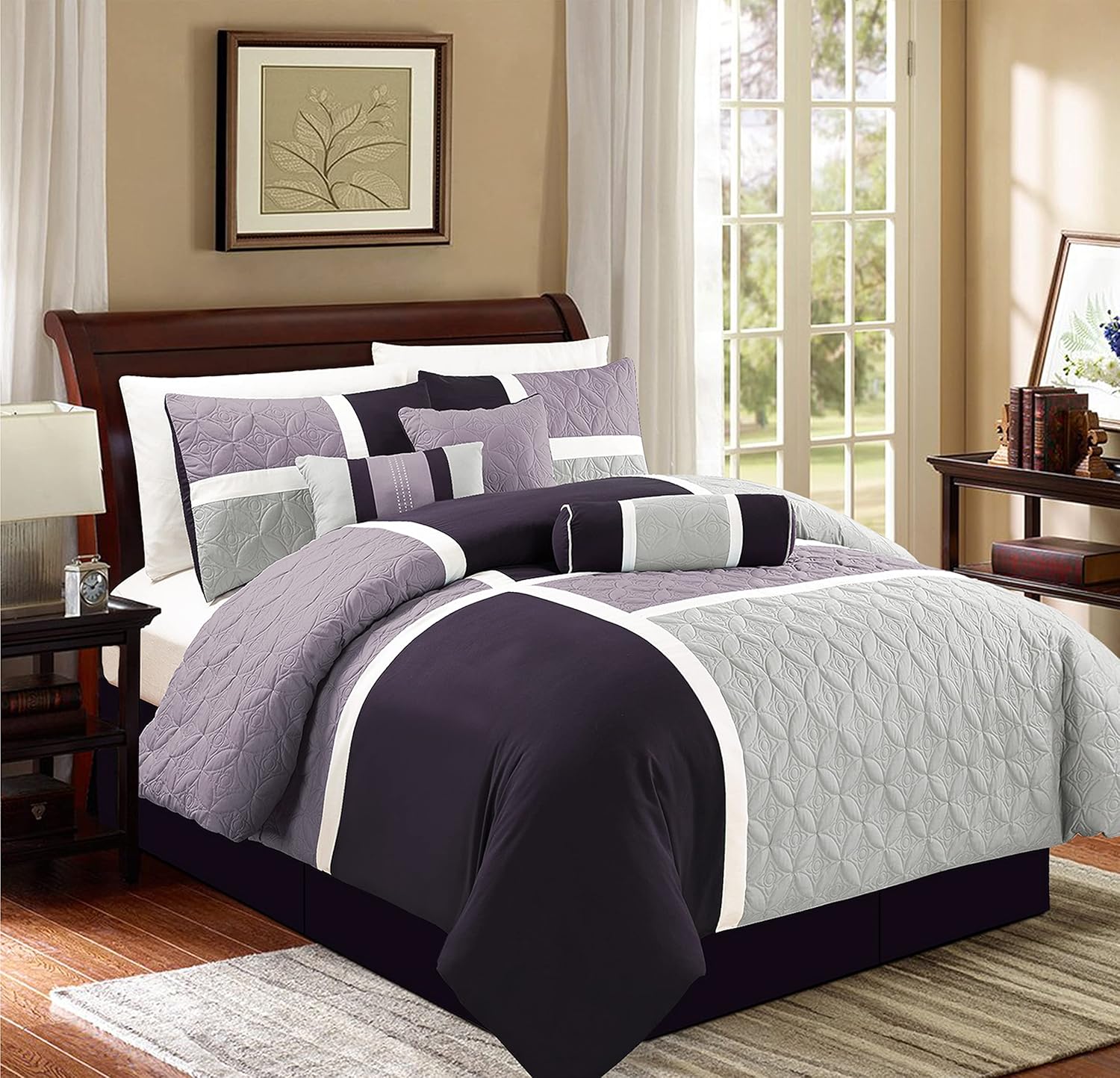 Chezmoi Upland 7-Piece Quilted Comforter Set LavenderGrayPurple California King