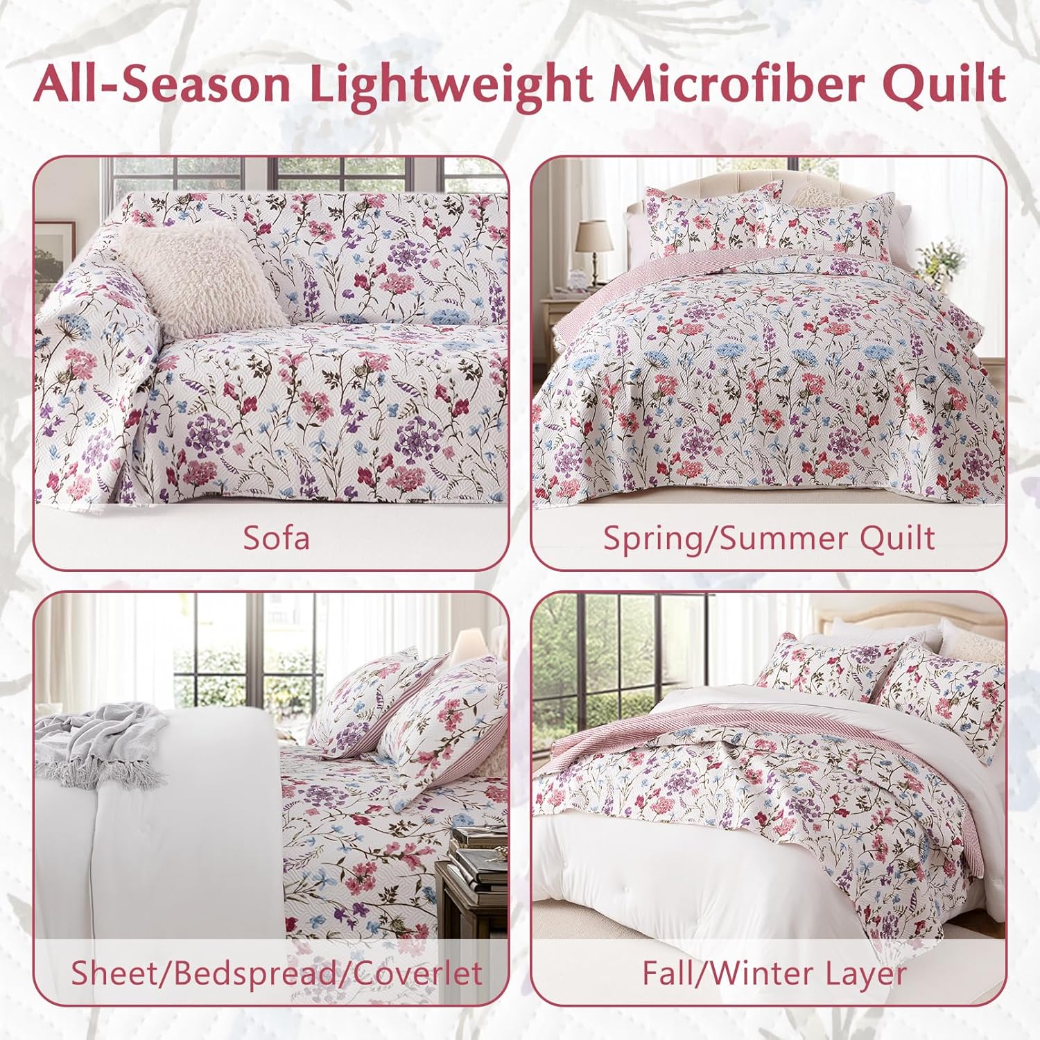 GOONE Reversible Floral Quilt King Set 3 Piece