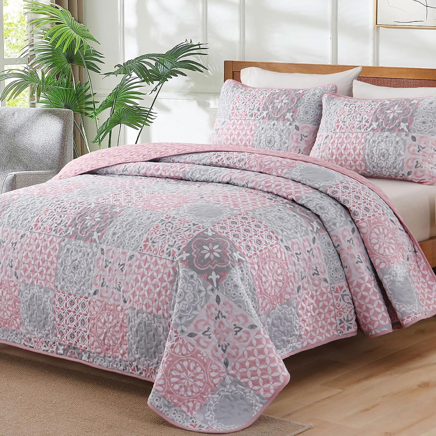 Dobuyly Pink Grey Quilt Set King Size