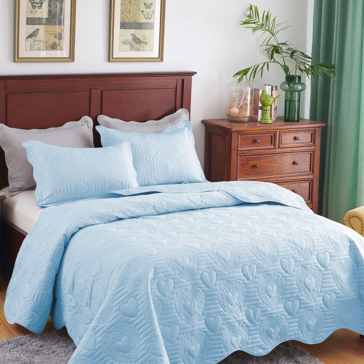 Auemtyn Light Blue Heart Pattern Quilt Set 1