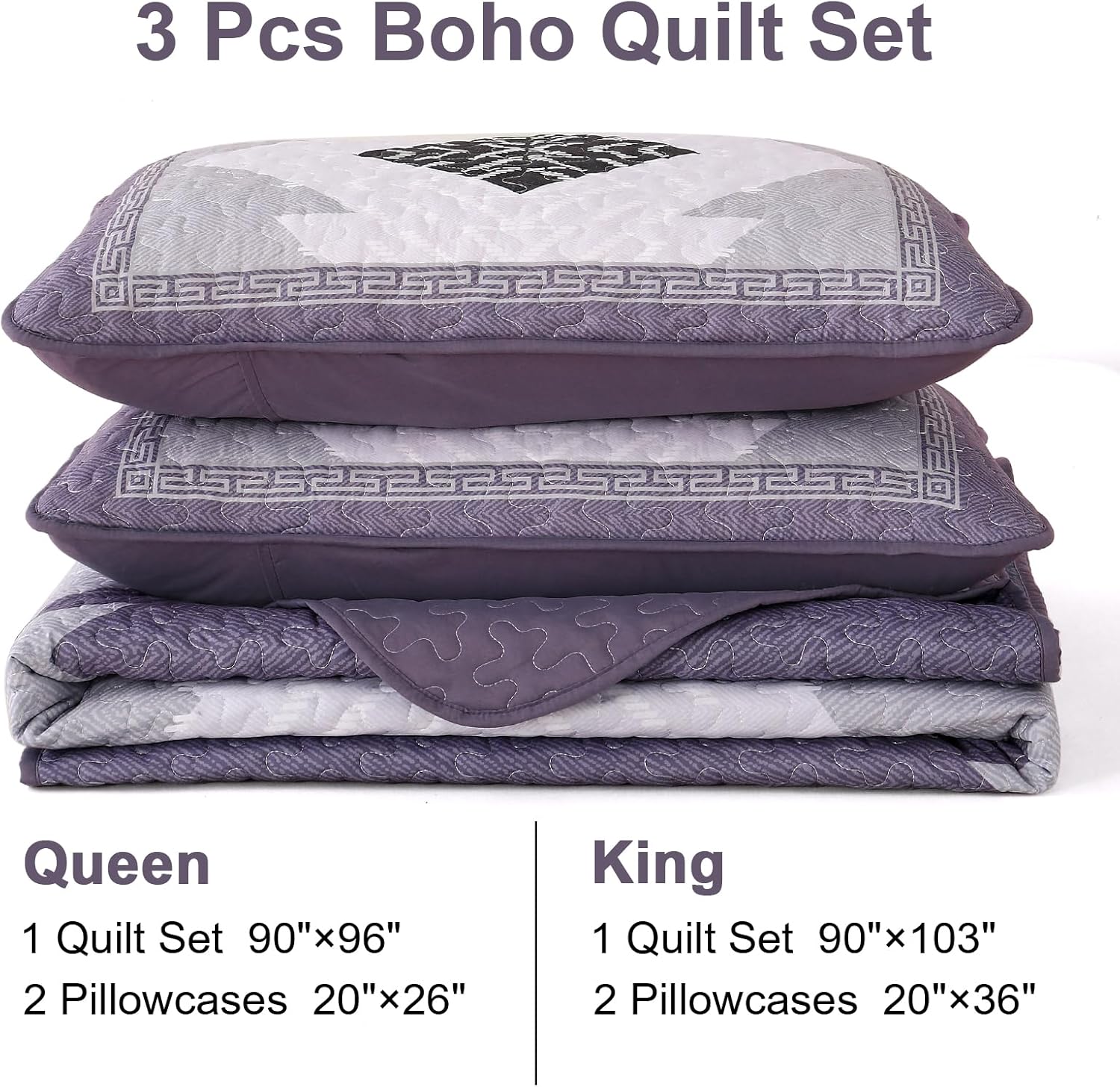 Dintszyayue Boho Quilt Set Queen 3 Pieces Purple Aztec