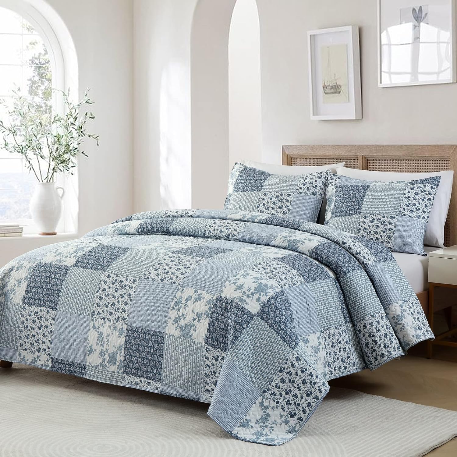 Boryard 3-Piece Queen Quilt Set Navy Blue Plaid Print