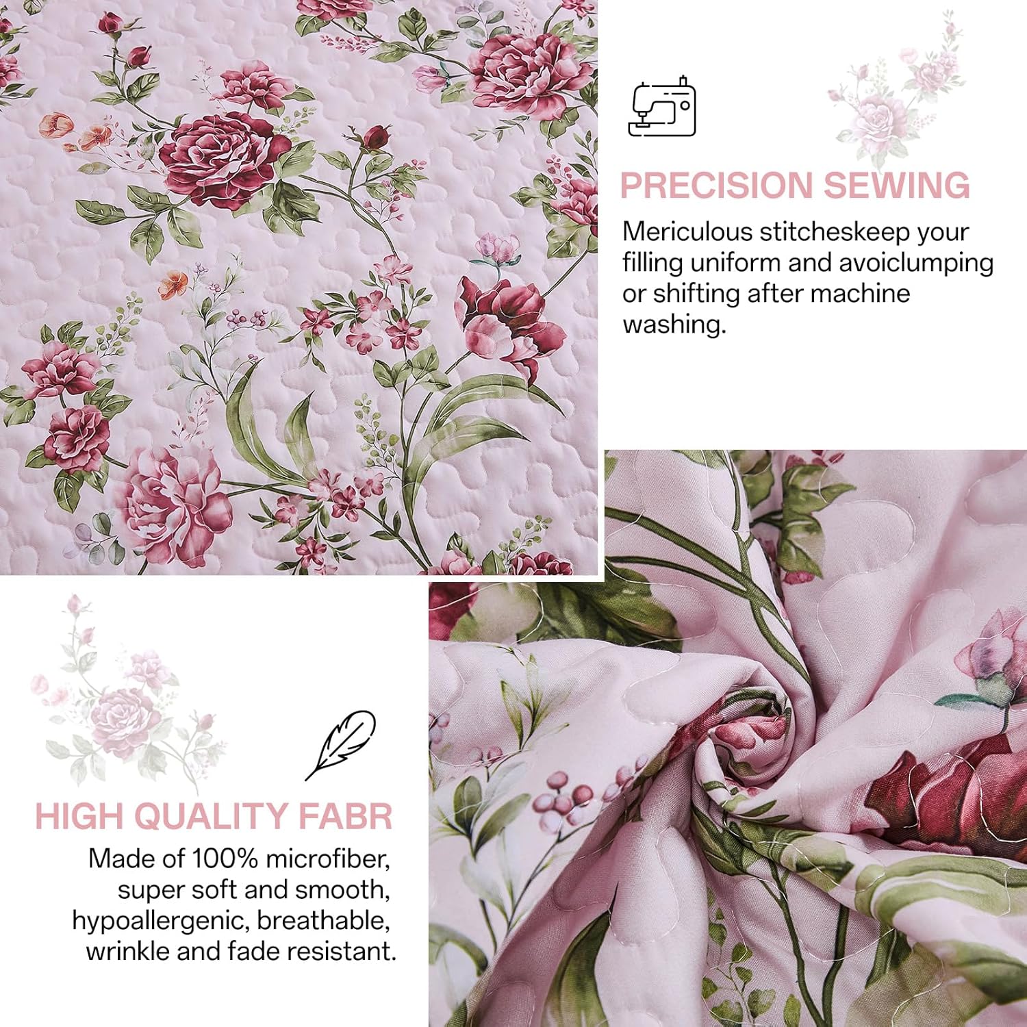 Xruibed Floral Quilt Set Queen Size 3PCs