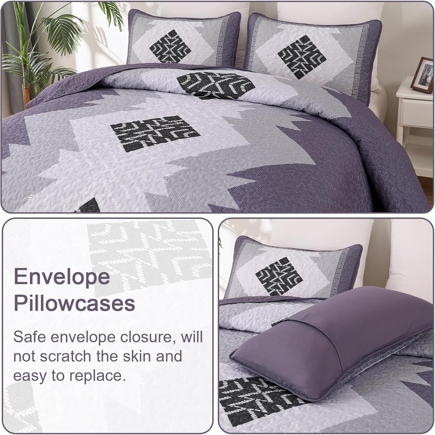 Dintszyayue Boho Quilt Set Queen 3 Pieces Purple Aztec