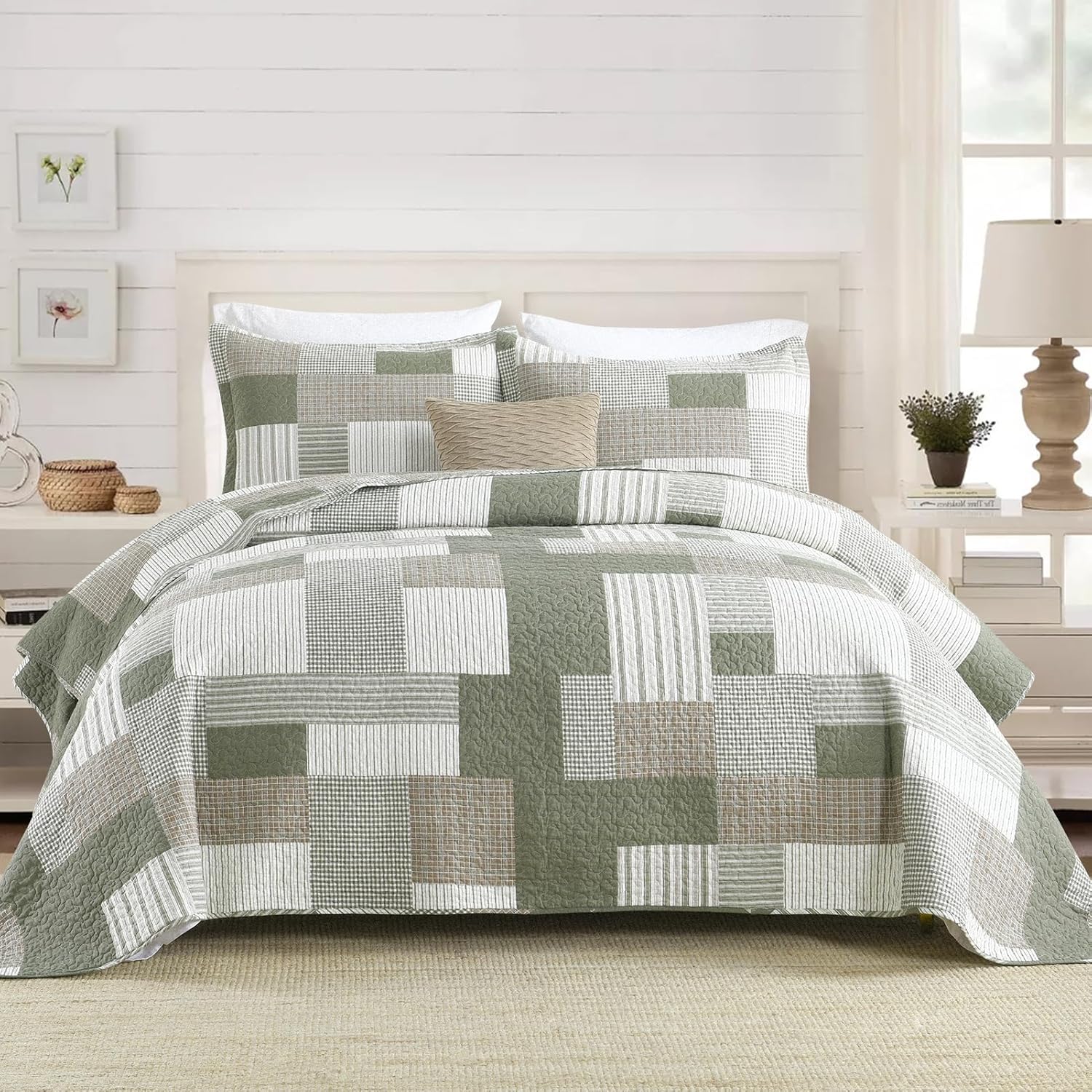 SahSahCasa Queen Size Quilt Set 3Pcs Green Brown