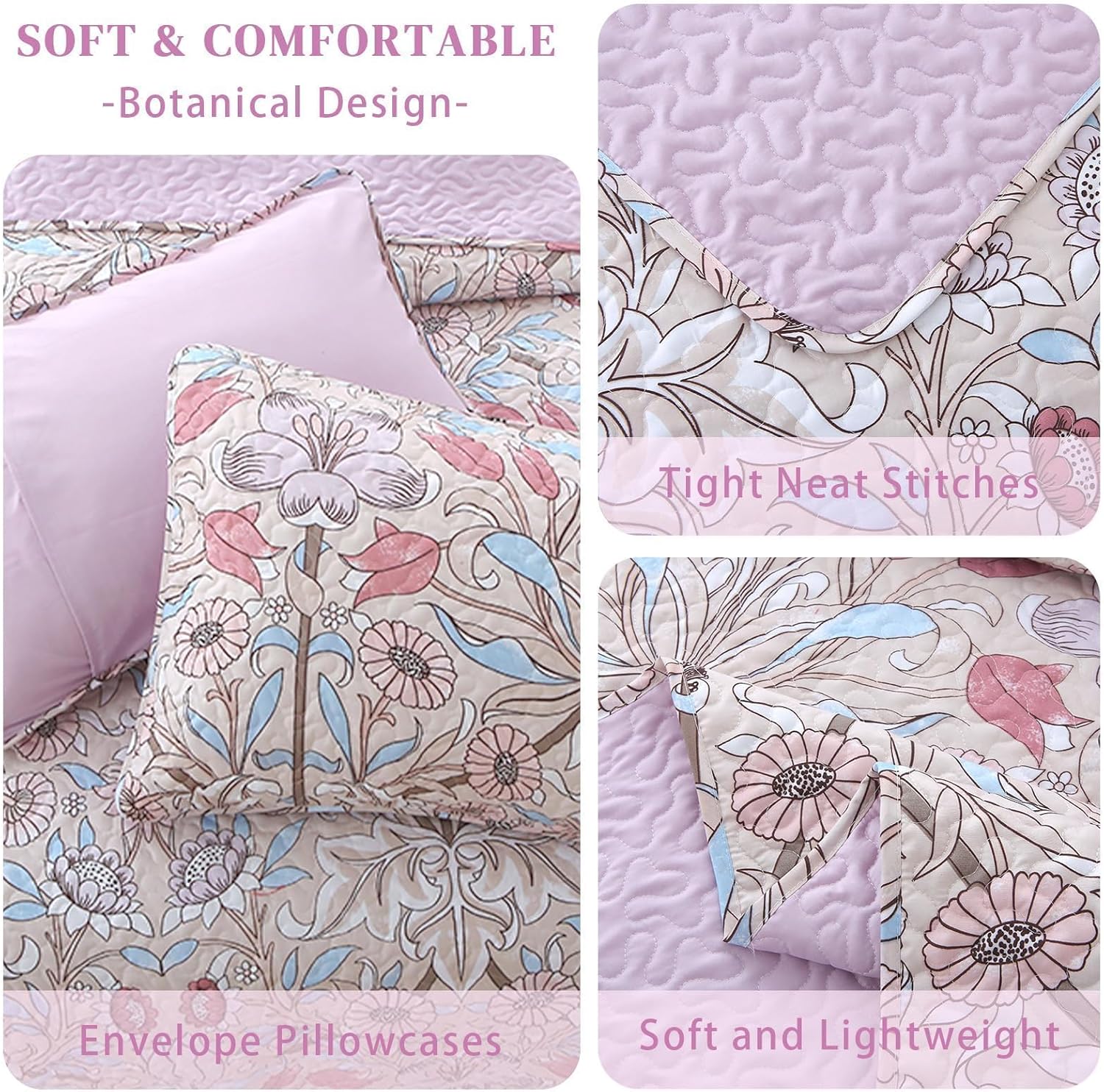Heymybed Botanical Quilt Set Queen Size Pink Floral