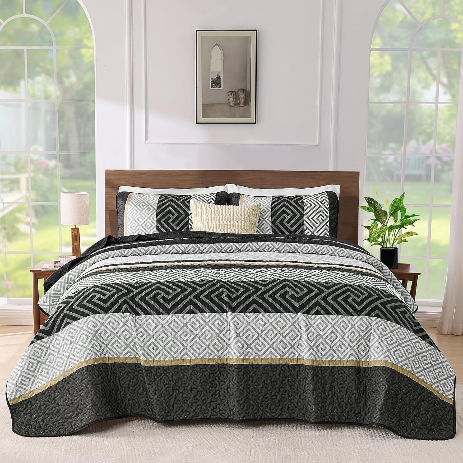 WONGS BEDDING King Size Quilt Set Black 3 Pieces 1